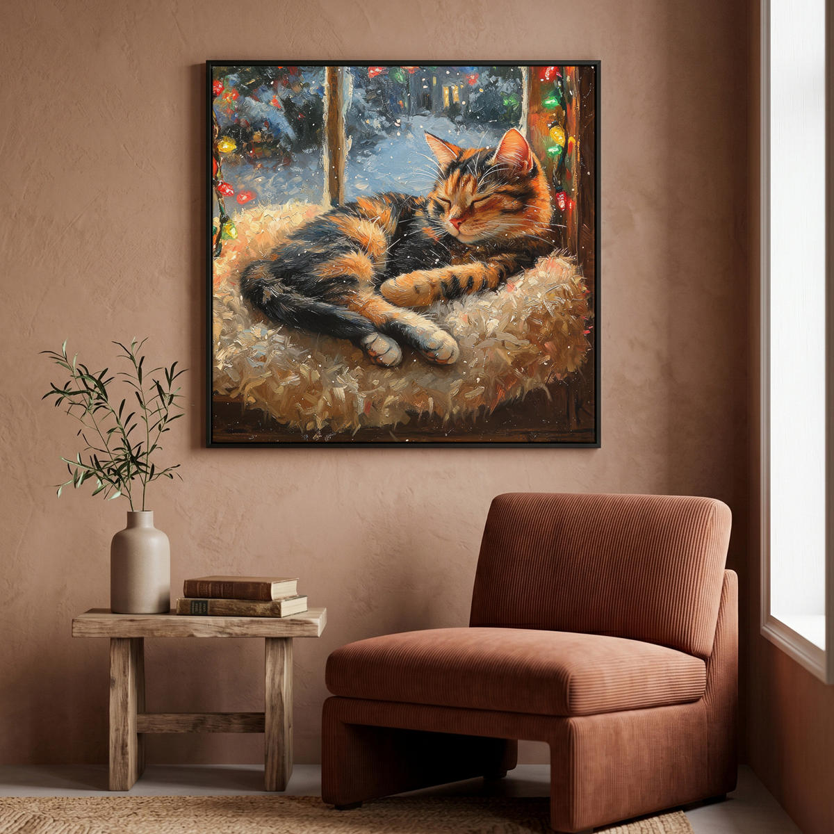 LEINWAND Bilder mit Rahmen - Katze - Weihnachten - Winter - Tier - 90x90 - Bernsteinfarben, Textil (90/90cm) - MuchoWow
