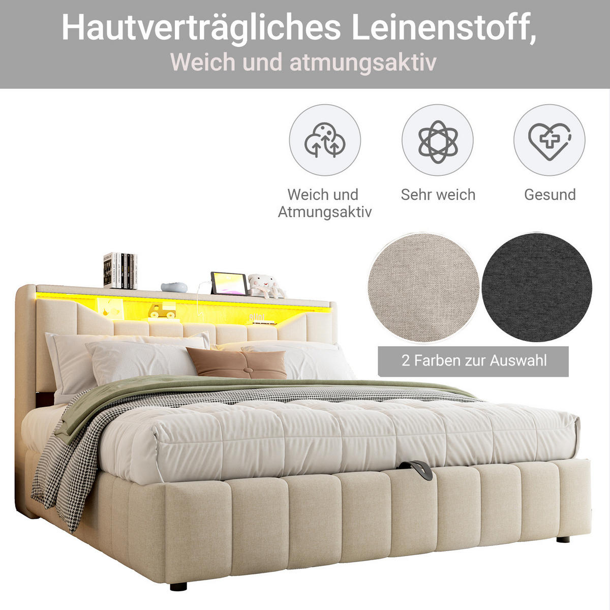 POLSTERBETT 180x200 cm in Beige mit Bettkasten, LED-Beleuchtung und USB-/USB-C-Anschlüssen - Beige, Textil (180/200cm) - IVMEU
