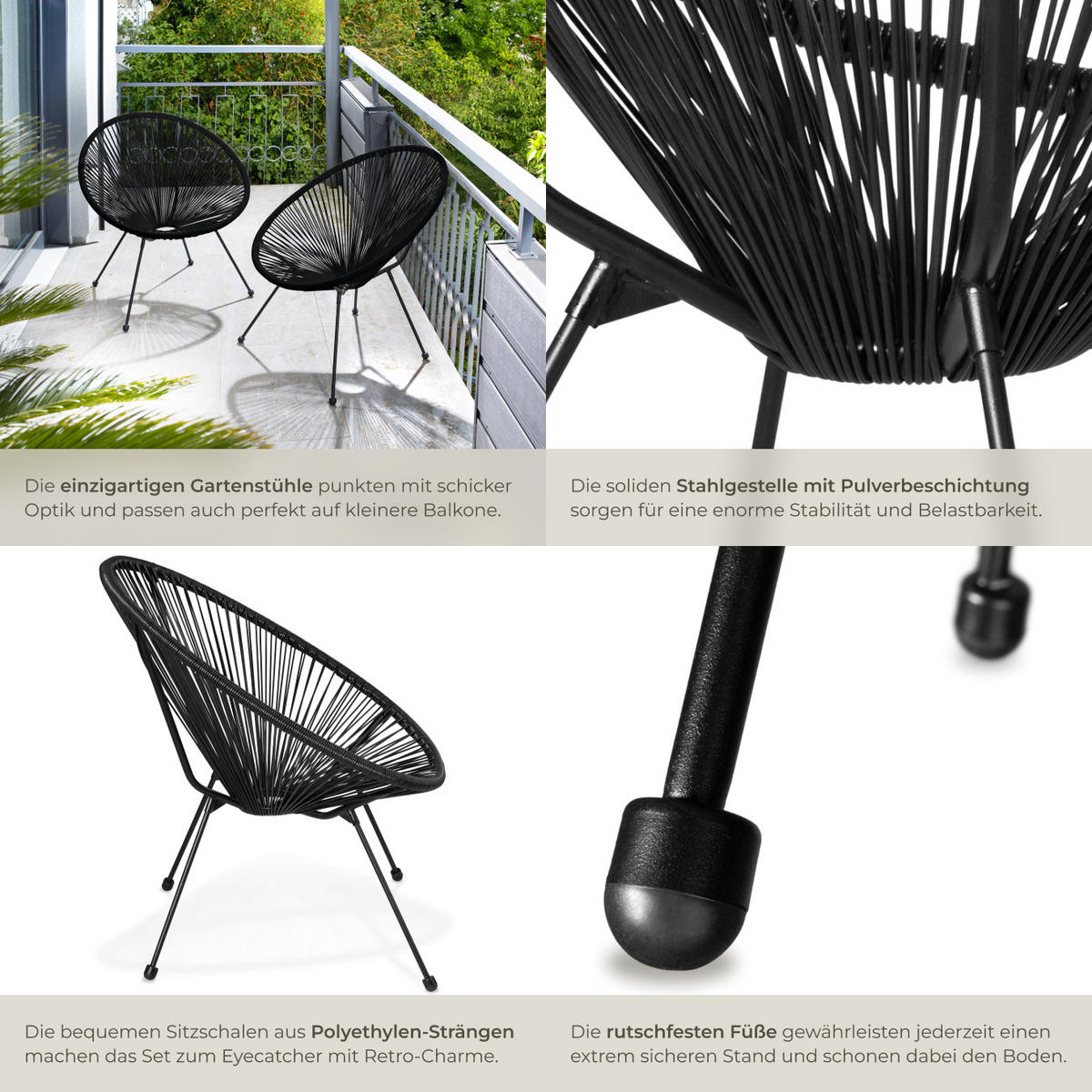 GARTENSTUHL 2er Set Santana,Belastbarkeit 120 kg, 70,5 x 69 x 78 cm,schwarz - Schwarz, Metall (70.5/78/69cm) - tectake