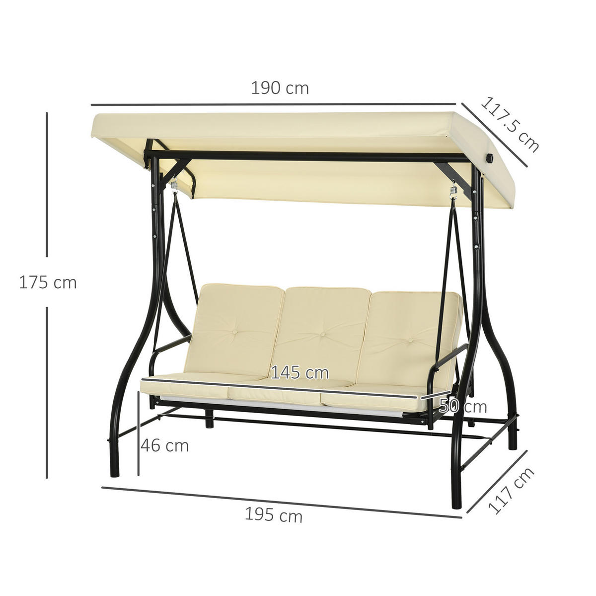 HOLLYWOODSCHAUKEL aus Stahl 195x117x175 cm in Beige mit Liegefunktion - Beige, Metall (117/175/195cm) - Modfu