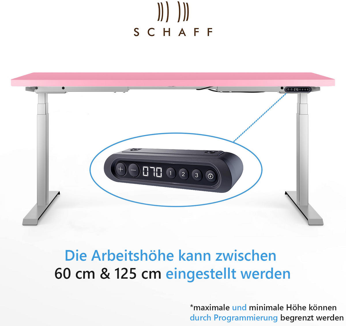 SCHREIBTISCH elektrisch höhenverstellbar REC | 140x60 cm | Pink - Rosa, Metall (60/140/60cm) - Schaff