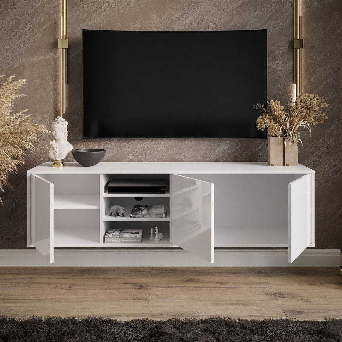 TV-ELEMENT SANAYI Hängend mit Regalen Hochglanz Weiß - Weiß, Holzwerkstoff (156/42/38cm) - Lookway