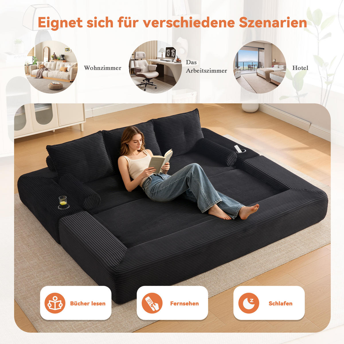 SCHLAFSOFA, 2-in-1 Klappsofa mit Getränkehalter, Modulares Bodensofa Cordstoff, Schwarz - Schwarz, Textil (232/80/98cm) - LVHOM