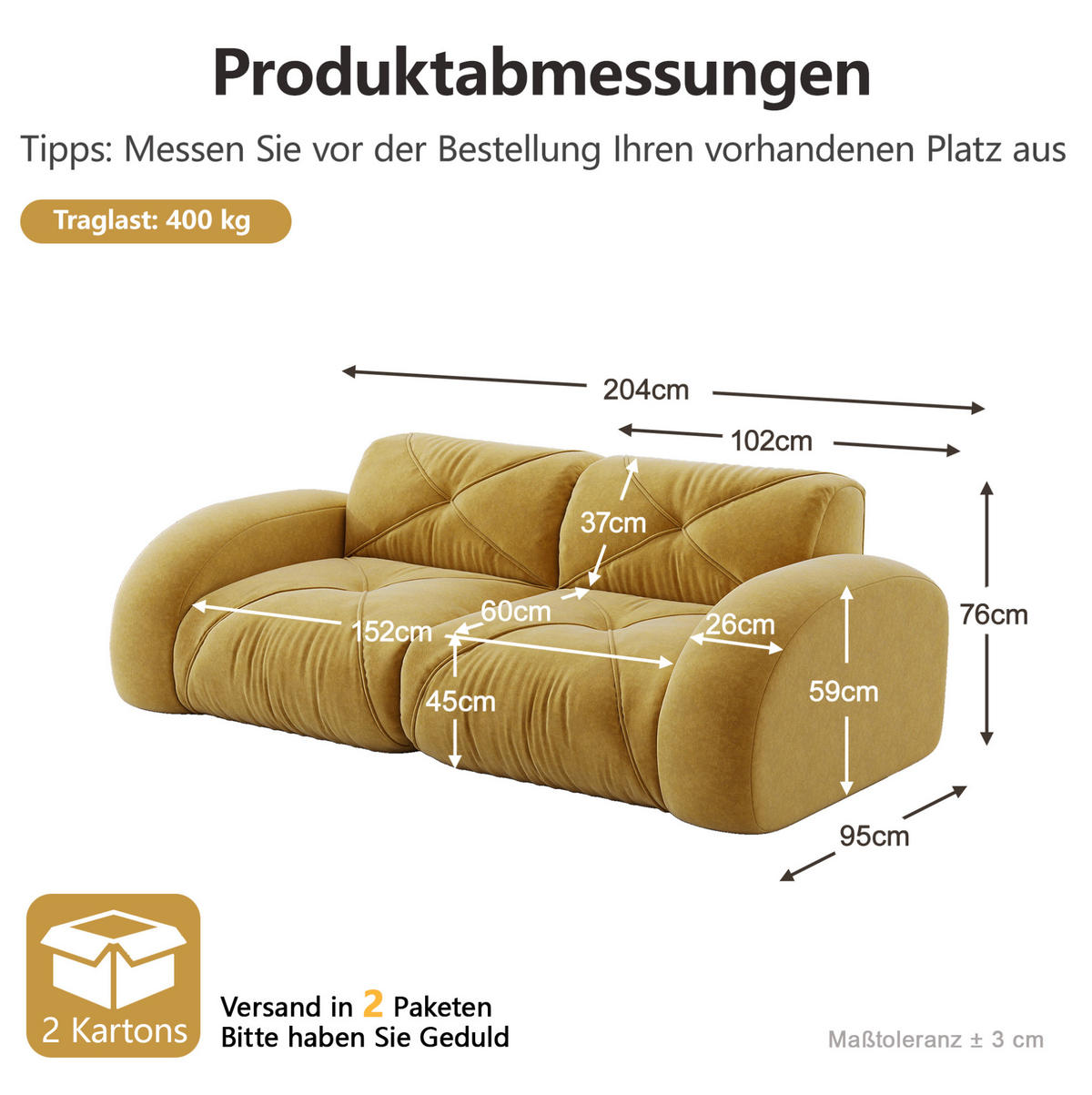 SOFA in Gelb aus Chenille mit flexiblem Sitzkomfort - Gelb, Textil (95/76/204cm) - Flora Grace