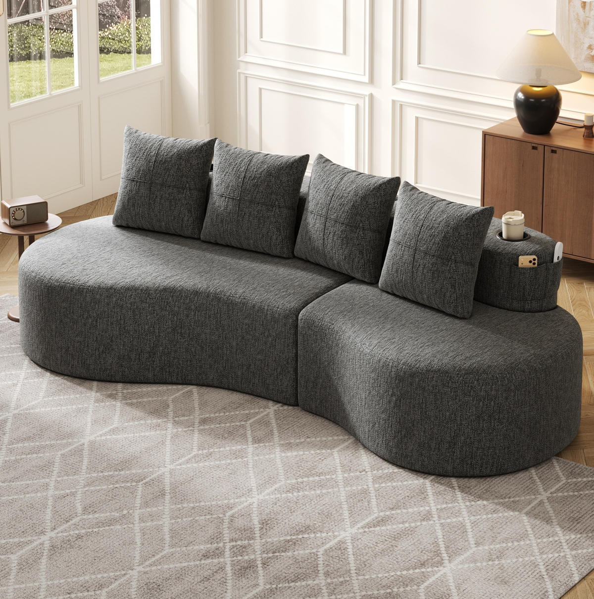 SOFA 240/109/60 cm aus Leinen mit Becherhaltern und Seitentaschen Dunkelgrau - Dunkelgrau, Textil (109/63/240cm) - Modenvie