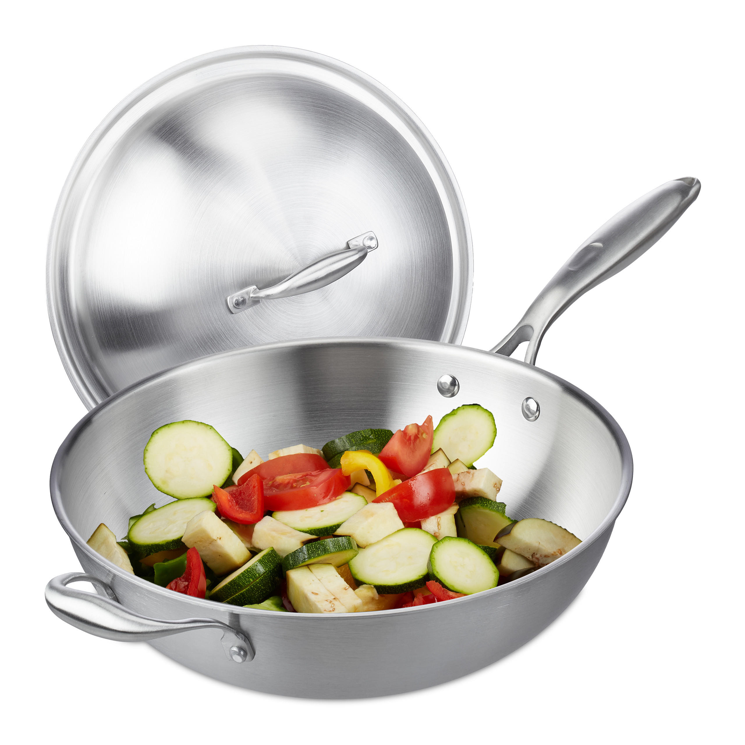 Relaxdays WOK Stříbrný nerez bez povlaku s poklicí 30,5 cm