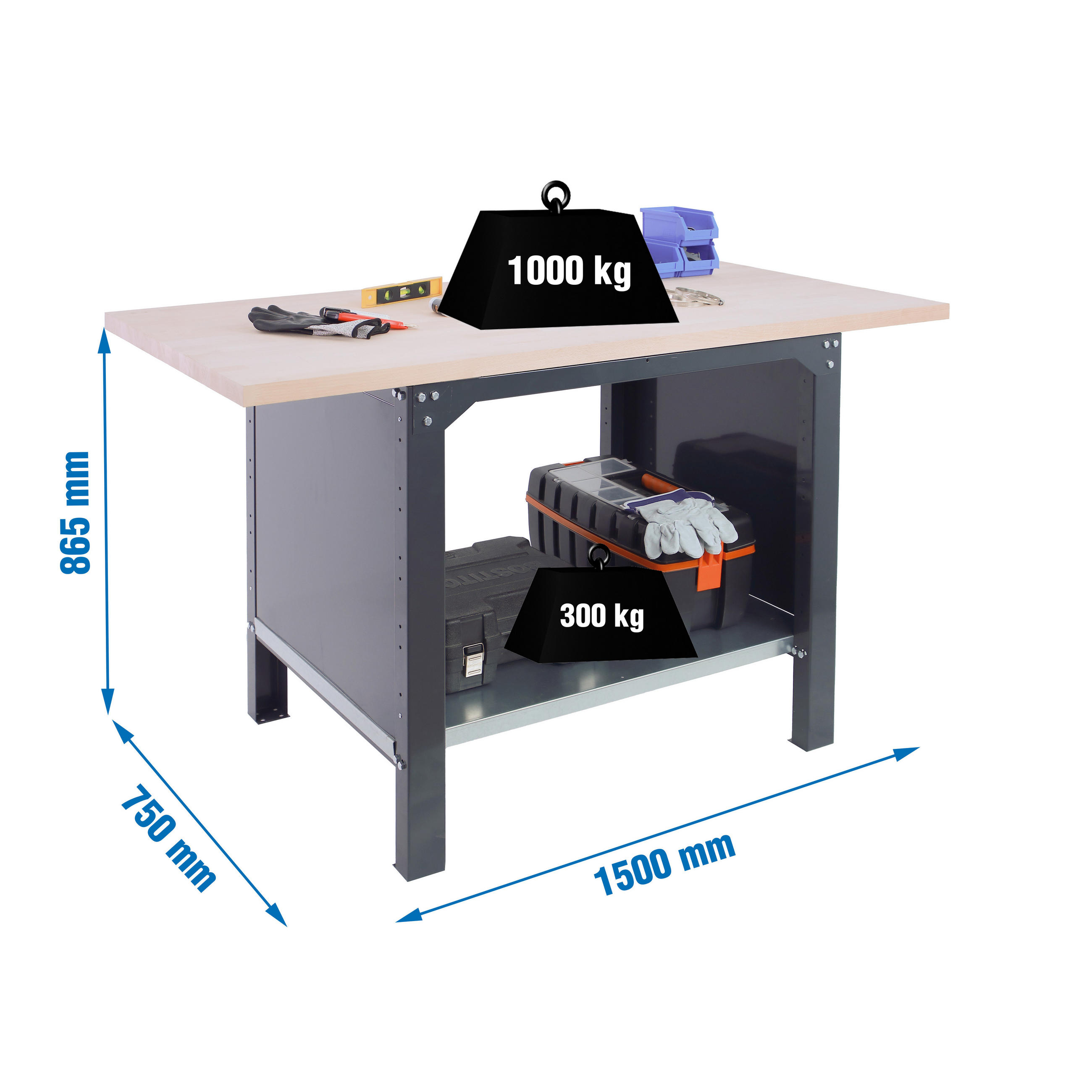 WERKBANK Buffalo Wood HxBxT 86,5 x 150 x 75 cm Traglast 1000 kg Anthrazit - Anthrazit, Metall (150/86.5/75cm) - PROREGAL