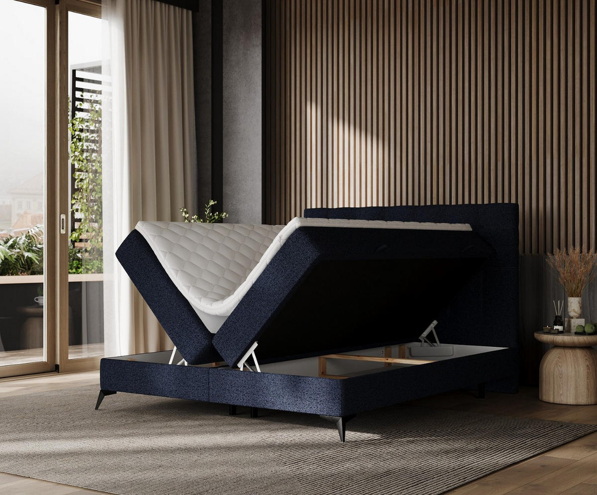 BOXBETT Niro 140/200 cm Marineblau im Riva Stoff - Schwarz/Dunkelblau, Holz/Holzwerkstoff (140/200cm) - AltaBeds