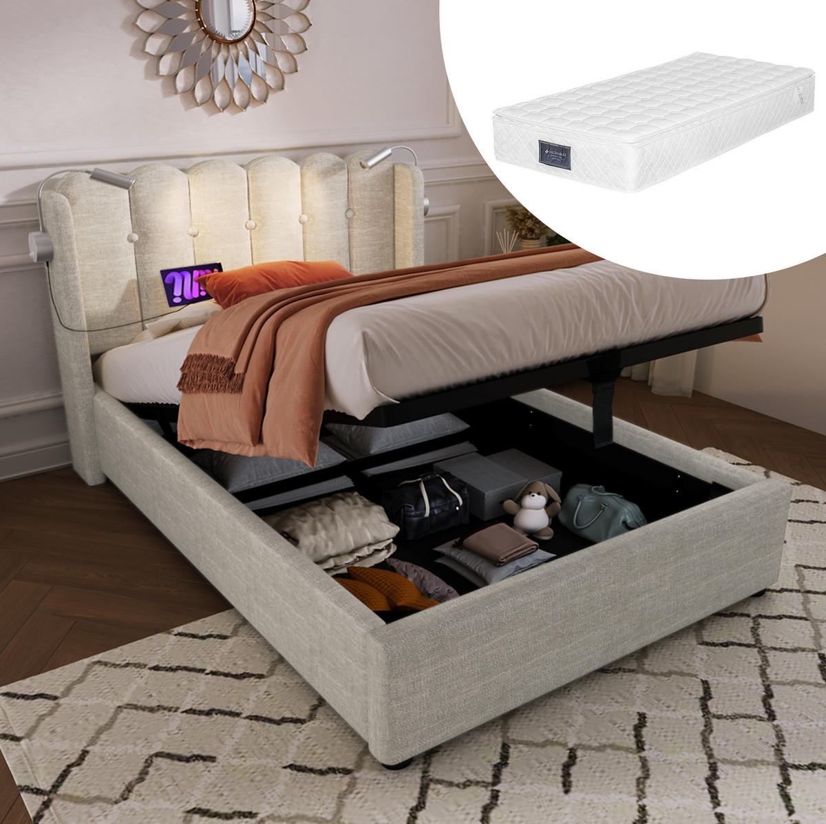 POLSTERBETT mit Bettkasten, Leselicht und USB 90x200 cm Beige - Beige, Metall (90/200cm) - Meubliv