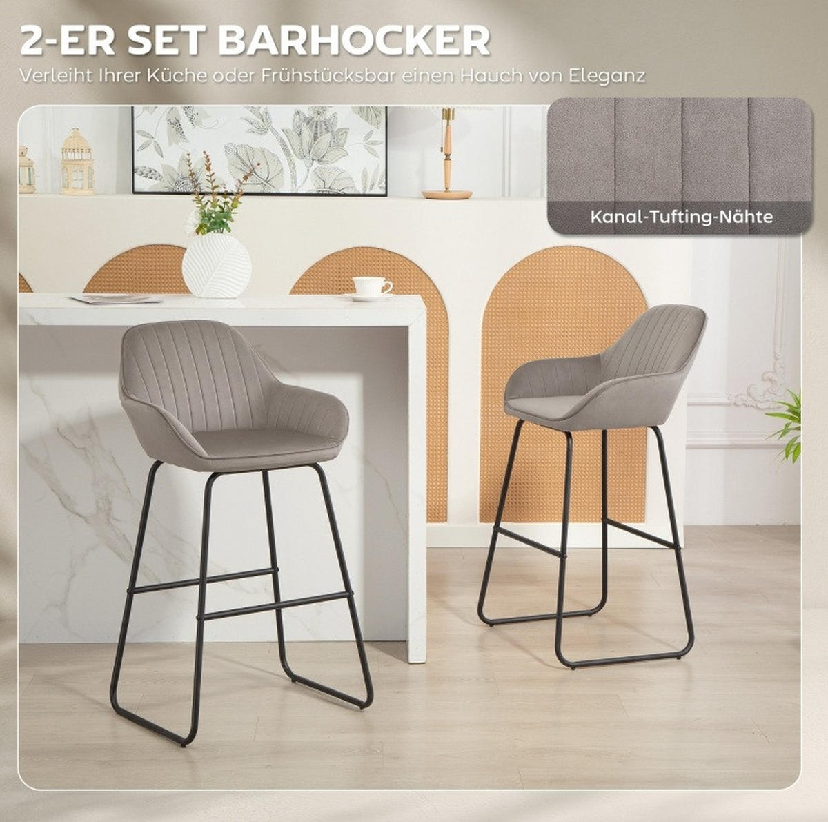 BARHOCKER Grau mit Armlehnen und Fußstütze - Grau, Textil (50.5/96/53cm) - MIVRAY