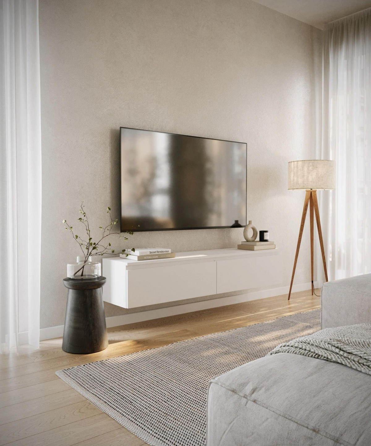 TV stolek Bemmi bílý 150/28/32 cm - bílá, kompozitní dřevo (150/28.4/31.8cm) - Selsey