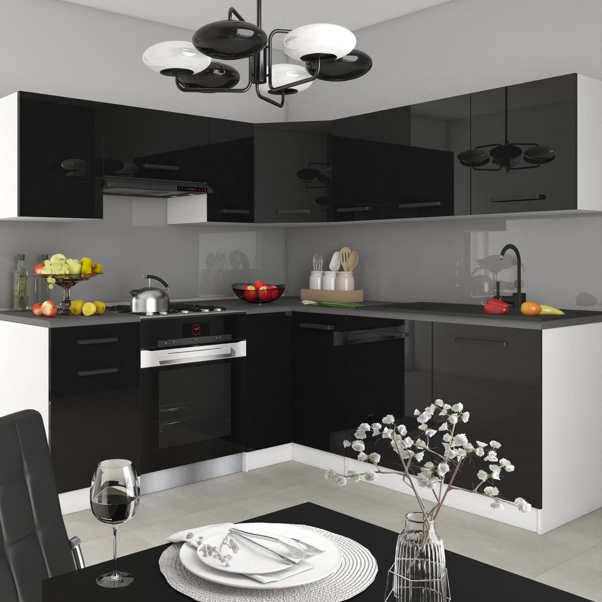 KUCHYNSKÁ linka Italia 6 360 cm, s pracovnou doskou, čierna - čierna, drevo (360/143/60cm) - B BELINI GROUP
