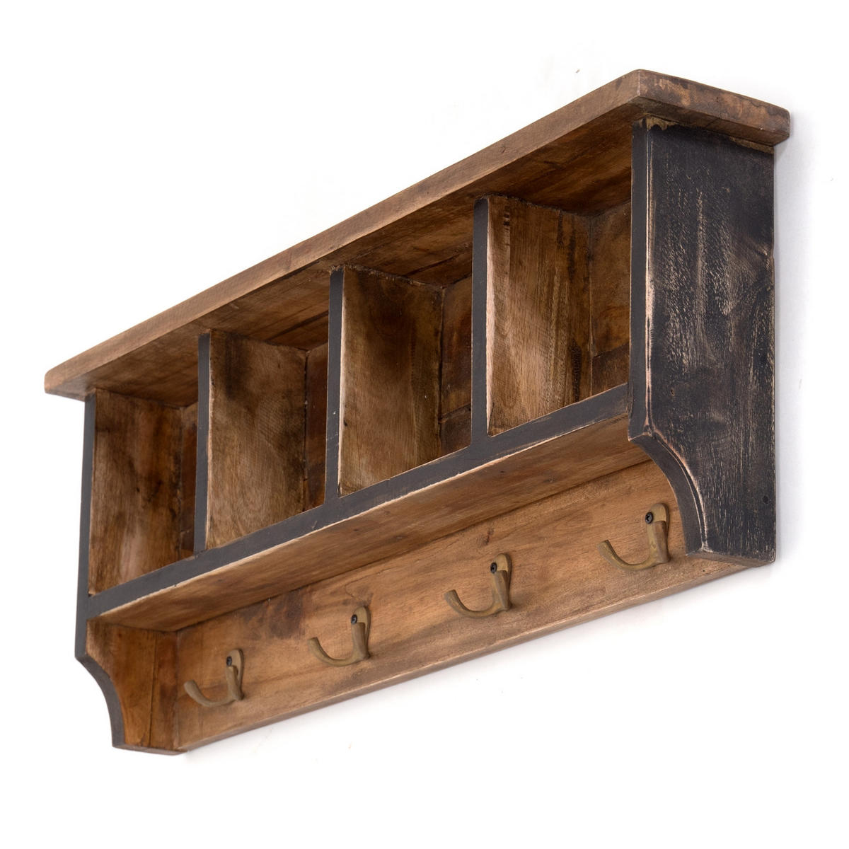 WANDGARDEROBE VINTAGE 70 Recyclingholz massiv, 4 Doppelhaken, 4 Fächer, Ablage 04 schwarz-natur - Graubraun, Holz (70/27/11cm) - DESIGN DELIGHTS