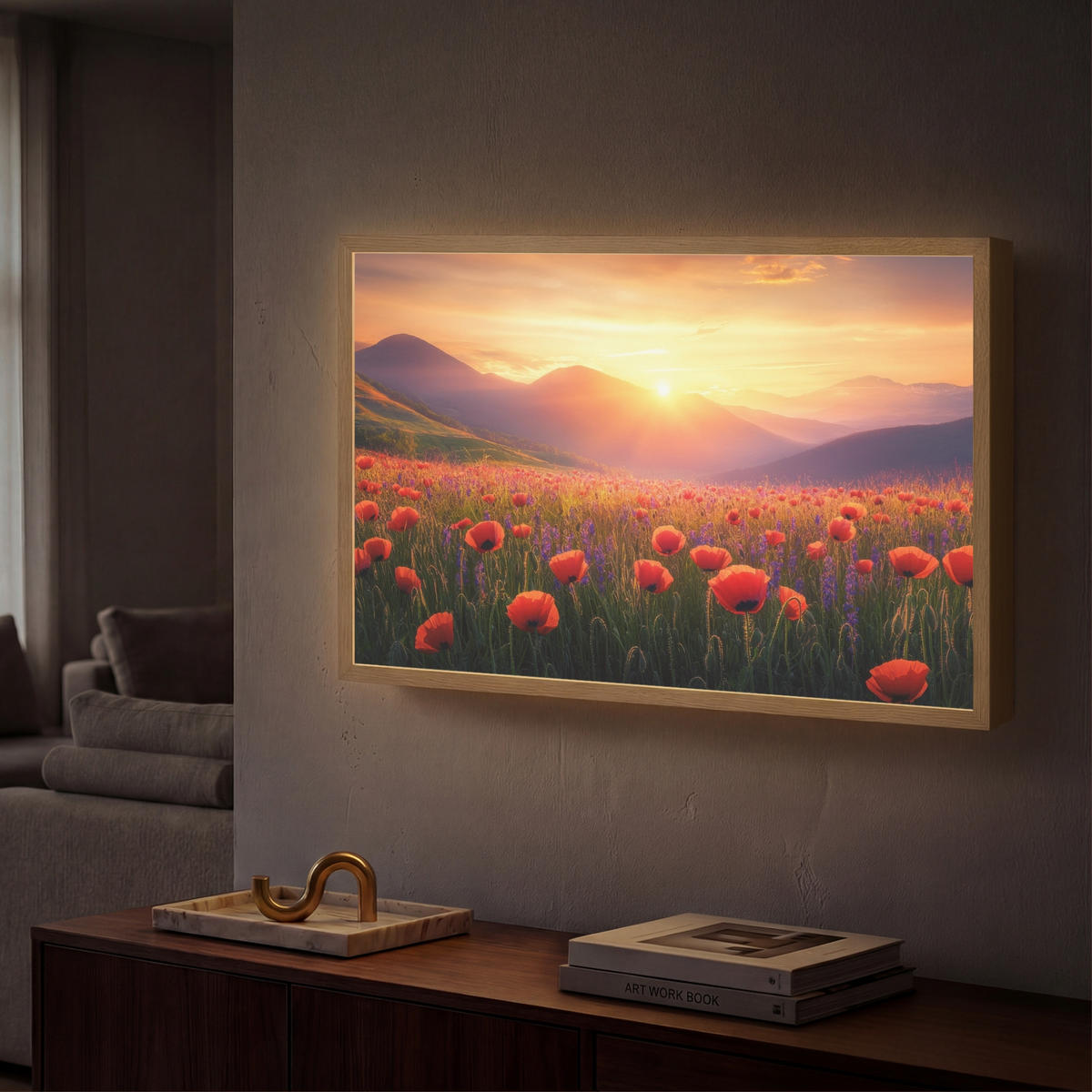WANDLEUCHTE MIT AKKU Landschaft - Sonnenuntergang - Blumenfeld 60x40 cm - Rot, Holzwerkstoff (60/40/8cm) - OnlyWow