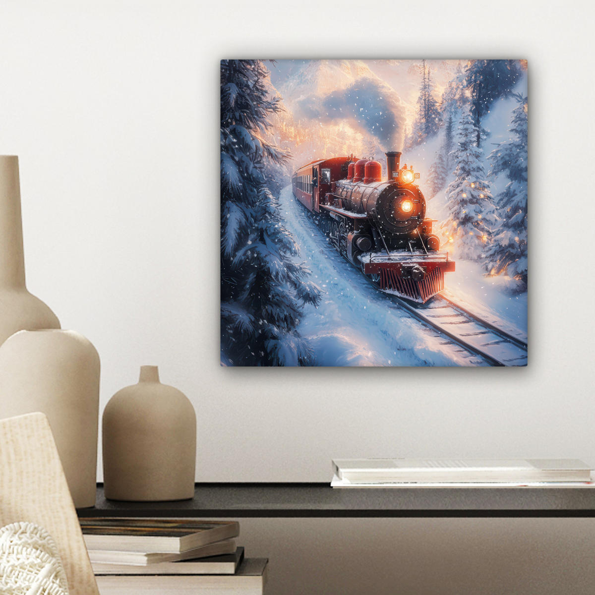 LEINWANDBILD Weihnachtszug - Schnee - Winter - Weihnachten Deko Wohnzimmer 20x20 cm - Dunkelrot, Textil (20/20cm) - MuchoWow