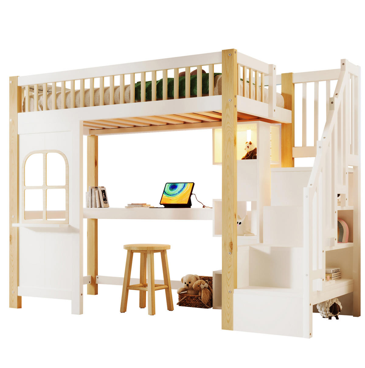 HOCHBETT 90/200 cm in Weiß/Natur – mit Schreibtisch, Ablageleiter und Rausfallschutz - Weiß, Holz (140/200cm) - BEAOK