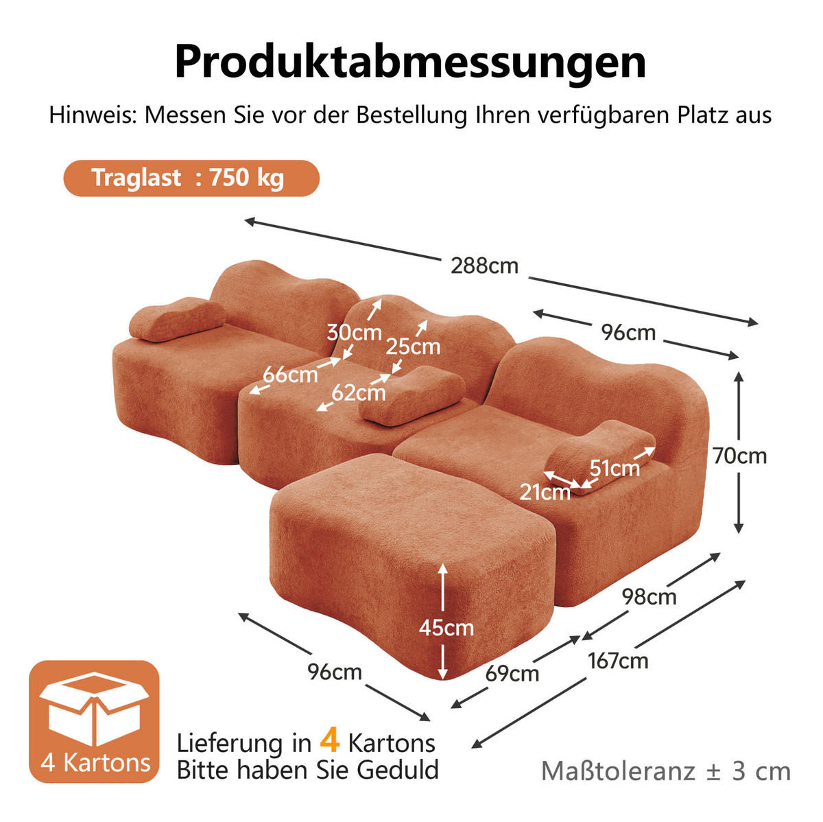 SOFA 288/167/70 cm in Orange aus Samt mit tiefem Sitzkomfort - Orange, Textil (167/70/288cm) - Flora Grace