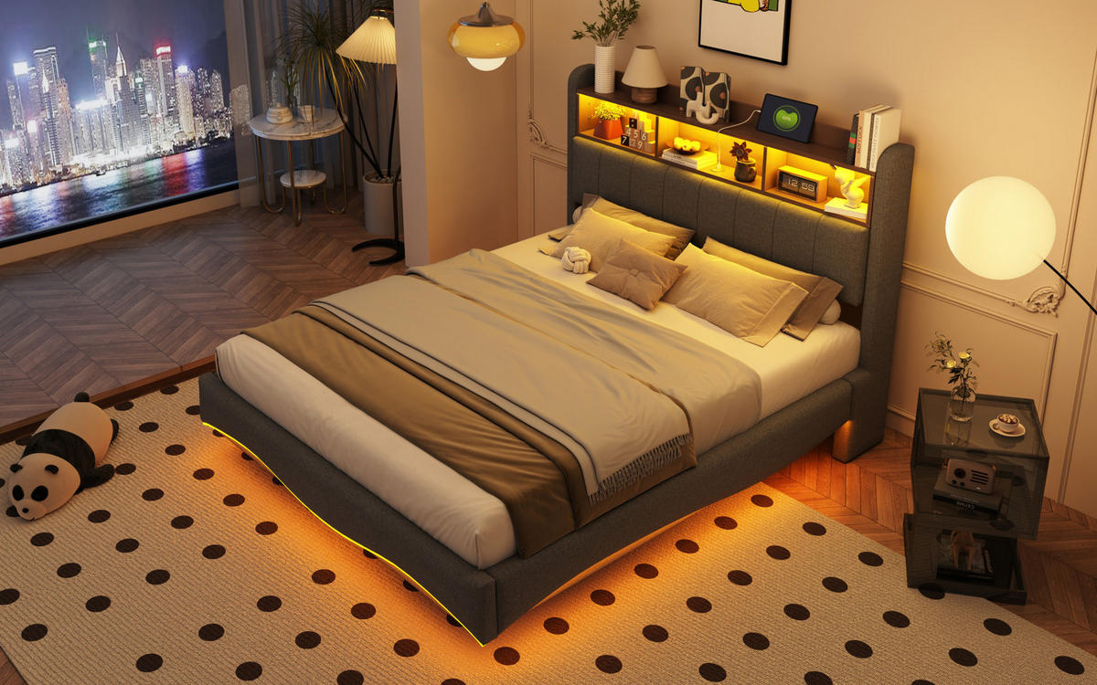 POLSTERBETT 140/200 cm Grau aus Stoff mit LED-Beleuchtung - Grau, Textil (140/200cm) - OKMYHOME