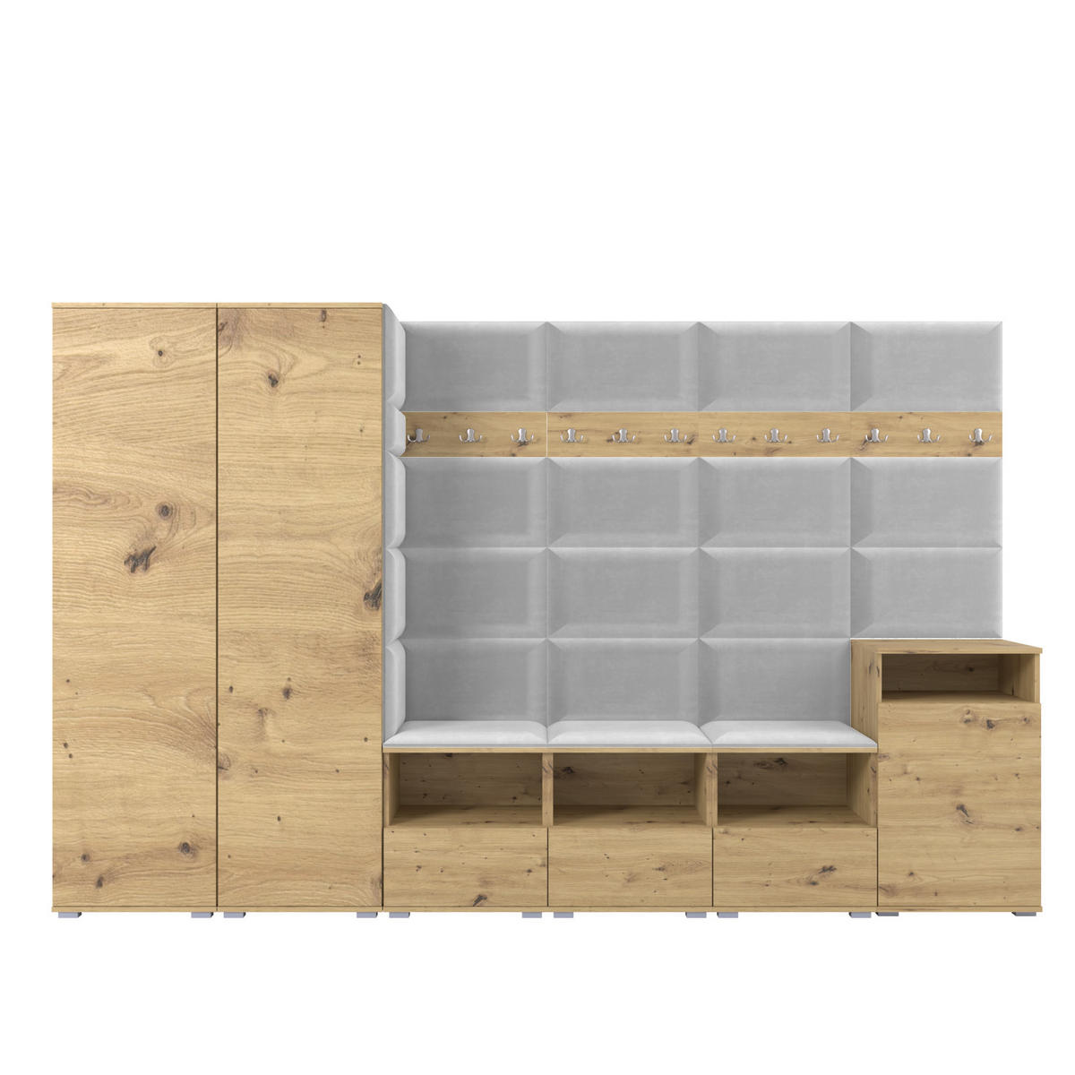 GARDEROBE NELA XII 300 cm (Modulare Flurmöbel Artisan Eiche mit Sitzpolster Hellgrau 32 Gigantisches Set) - Silberfarben/Hellgrau, Holz/Holzwerkstoff (300/187/40cm) - Ravio