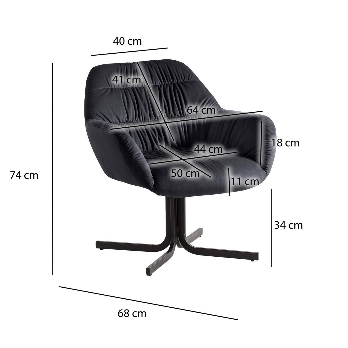 LOUNGESESSEL Samt mit Armlehnen und Metallgestell, gepolsterter Schalensitz, Schwarz 64x68x74 cm - Schwarz, Textil/Metall (64/74/68cm) - KADIMA DESIGN