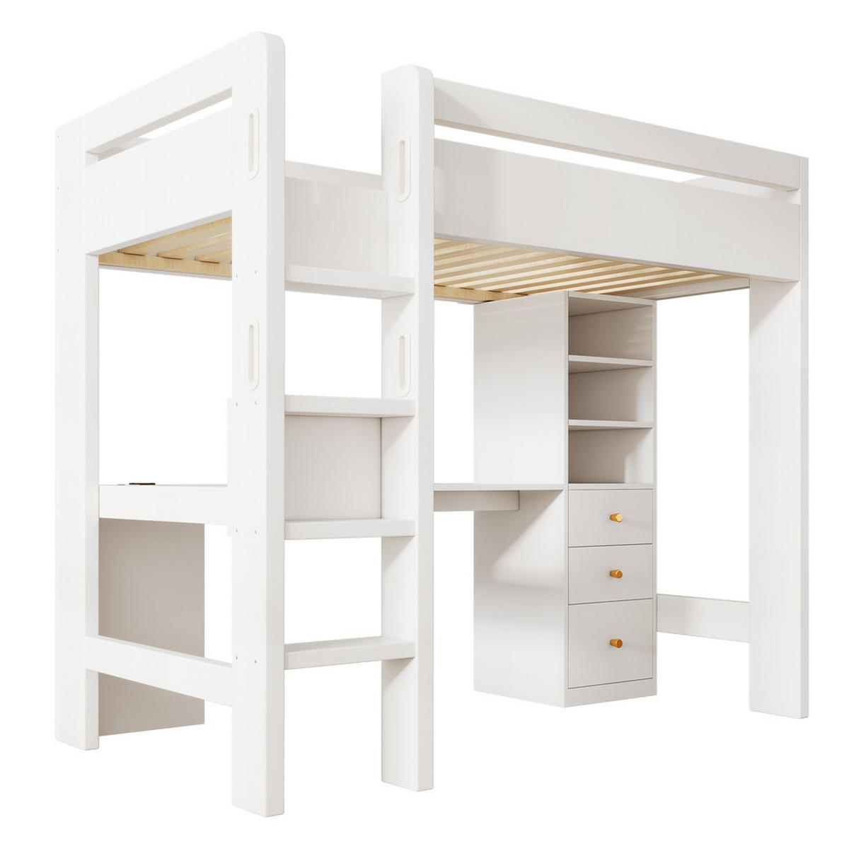 HOCHBETT 90x200cm Jugendbett L-förmig Schreibtisch USB-C Schubladen Weiß - Weiß, Holz (90/200cm) - FLIEKS