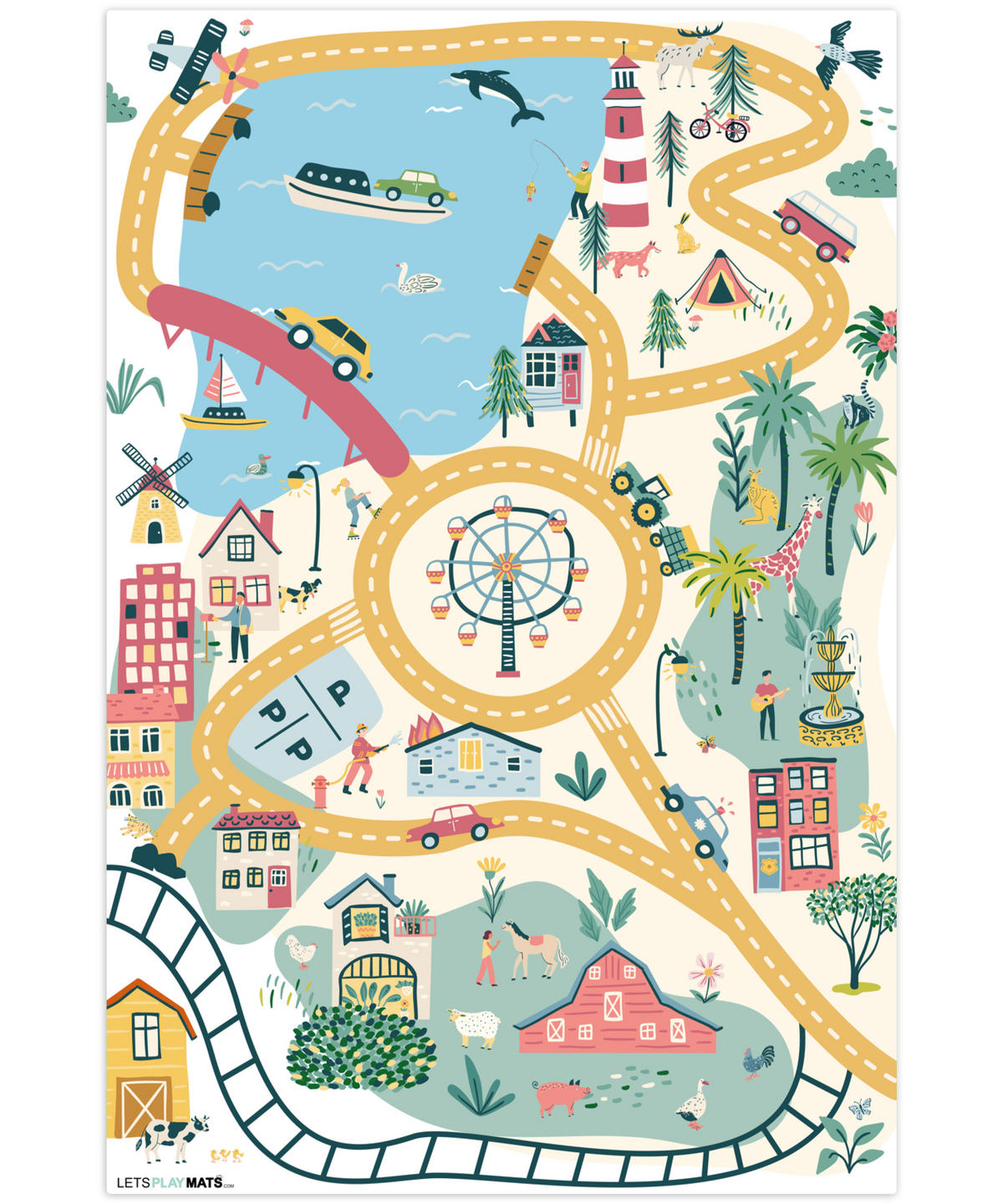 KINDERTEPPICH Riesenrad - Stadt - Tiere - Auto - Kinder 70x105 cm - Multicolor, Kunststoff (70/105cm) - MuchoWow