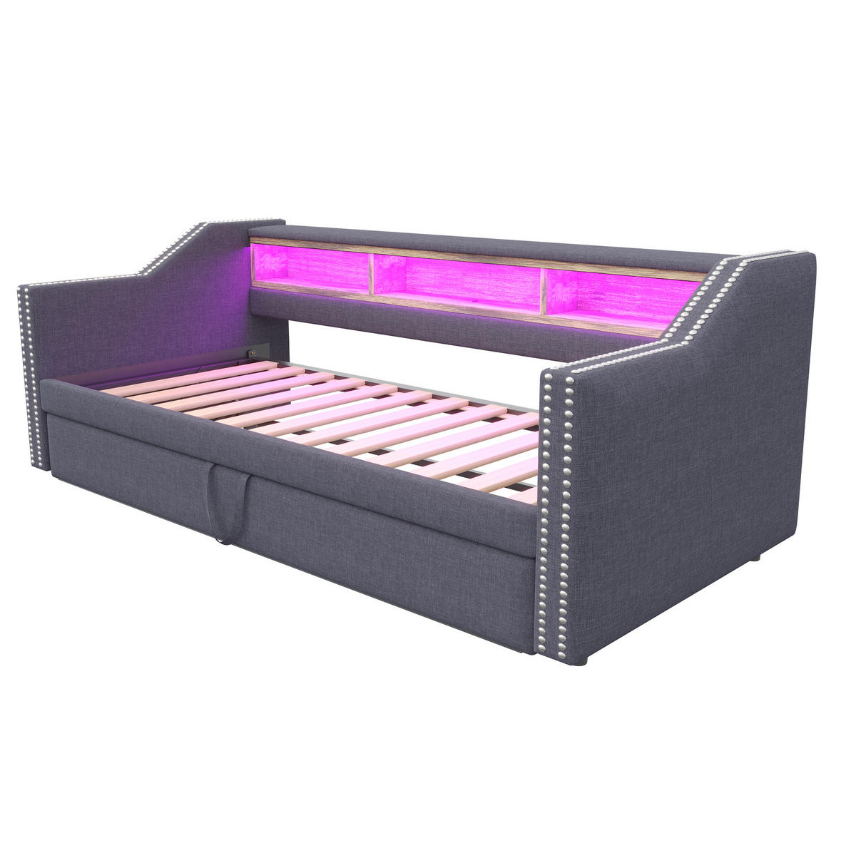 BETT 90/180/190 cm Dunkelgrau aus Leinenstoff mit Bett, LED und USB - Dunkelgrau, Textil (90/190cm) - OKMYHOME