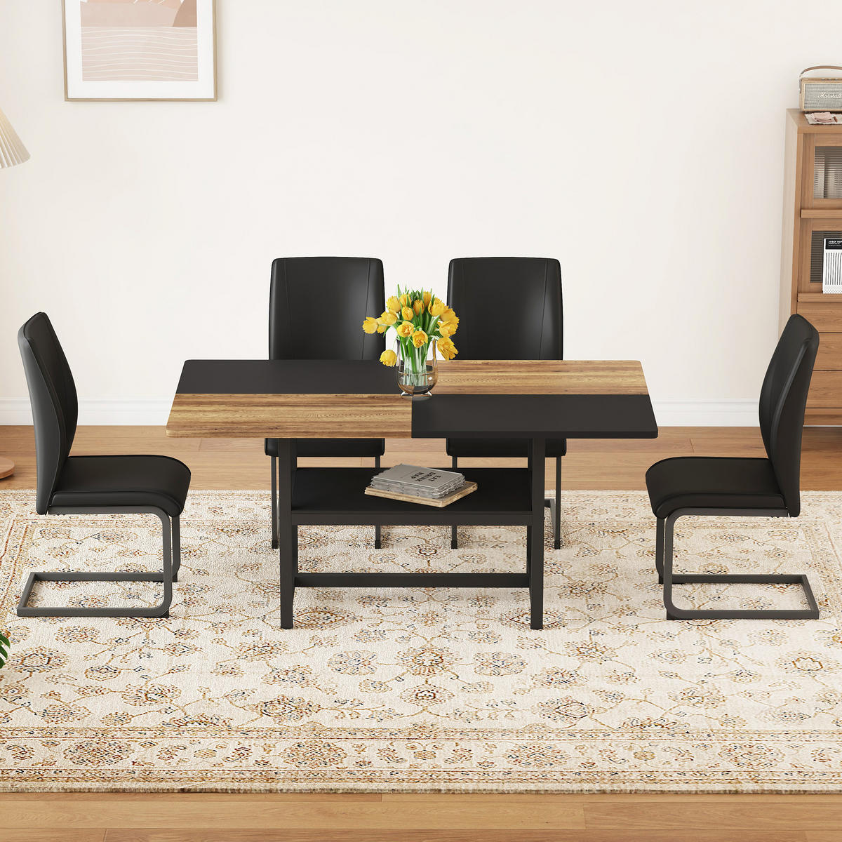 ESSGRUPPE DE-39342 5-teilig, mit Abstellregal und 4 PU-Sesseln Schwarz - Schwarz, Holzwerkstoff (160/76/90cm) - ComfortXL