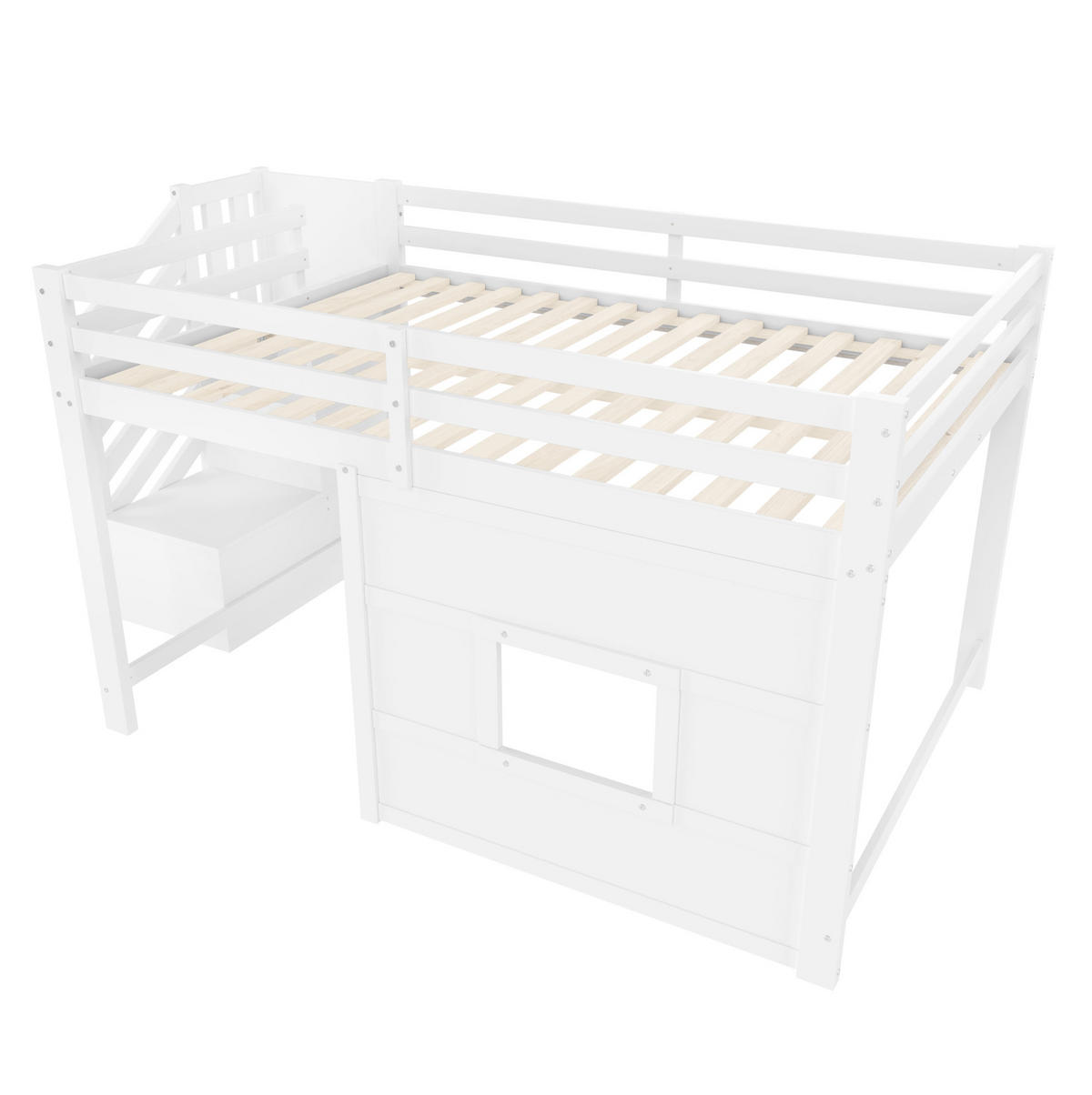 HOCHBETT 140/200 cm in Weiß mit Stauraumtreppe, Fenster und LED-Beleuchtung - Weiß, Holzwerkstoff (140/200cm) - Flora Grace