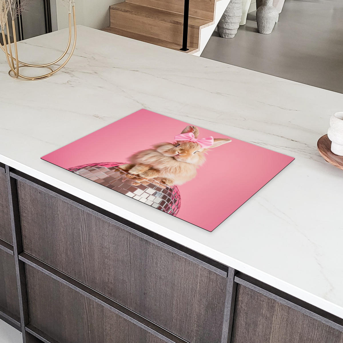 HERDABDECKPLATTE Schleife - Discoball - Kaninchen Herdabdeckung Induktionsfeld 75x52 cm - Pink, Kunststoff (75/52/0.2cm) - MuchoWow