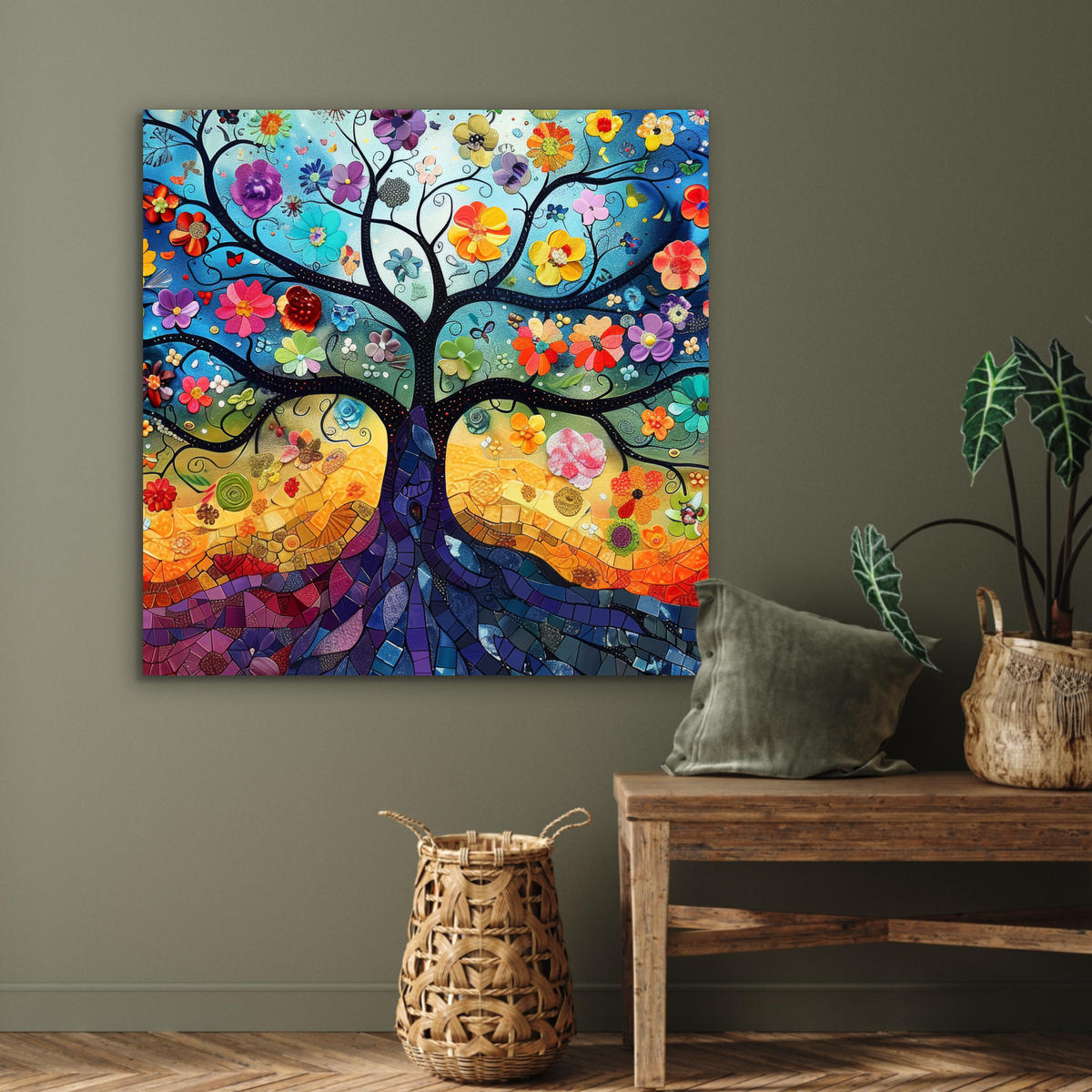 KOVOVÝ OBRAZ Umenie - Strom života - Kvety - Hippie 90x90 cm - tmavomodrá, kov (90/90cm) - MuchoWow