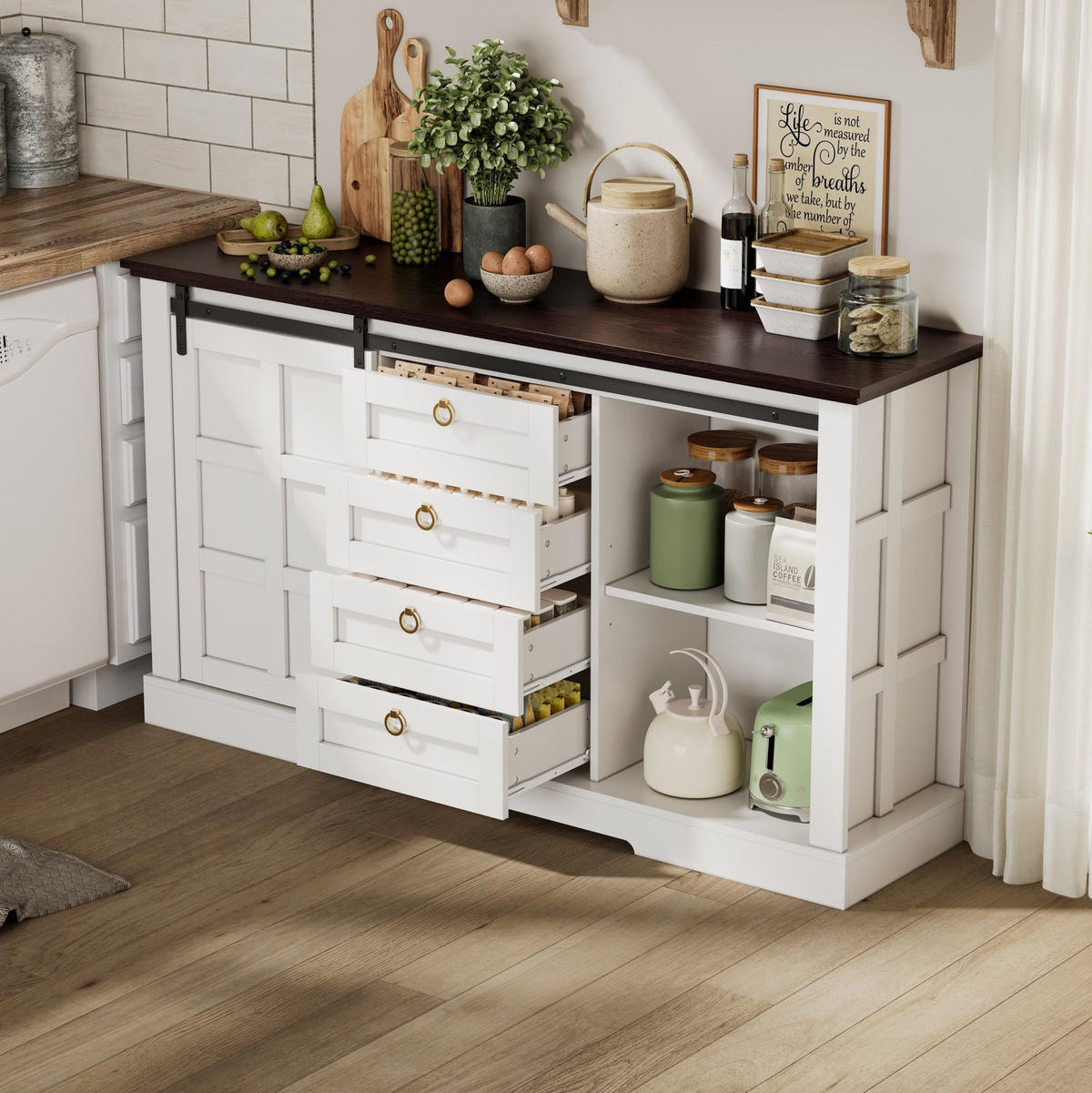 SIDEBOARD 150/40/85 cm mit Schiebetüren, 4 Schubladen und verstellbaren Einlegeböden, Weiß - Weiß, Holzwerkstoff (150/85/40cm) - Redom