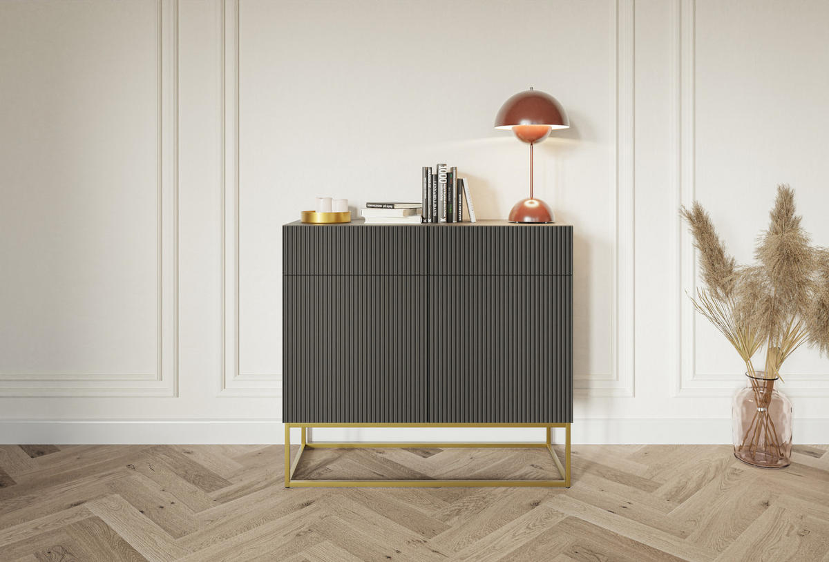 KOMMODE Veldio Schwarz mit goldenem Metallgestell 100 cm - Goldfarben/Schwarz, Holzwerkstoff/Metall (100/90/38cm) - Selsey