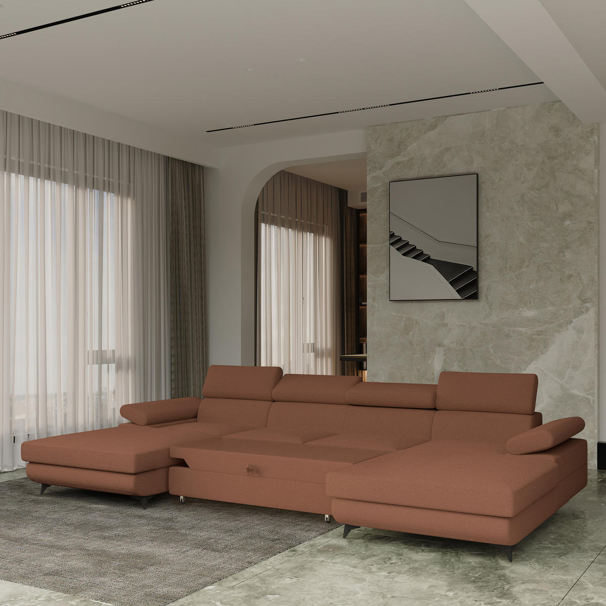 WOHNLANDSCHAFT DETTI Kupferfarben Boucle-Stoff mit Schlaffunktion - Kupferfarben, Holz (339/89/190cm) - MASSENO