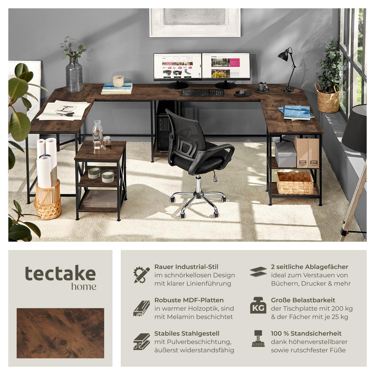 SCHREIBTISCH Hamilton,138 x 138 x 75,5 cm,Industrial Holz dunkel, rustikal - Rostfarben, Holz (138/138/75.5cm) - tectake