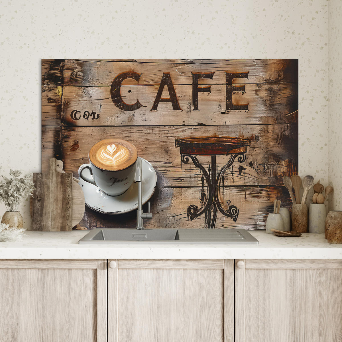 SPRITZSCHUTZ KÜCHE Cafe - Holz - Kaffee - Regale 80x55 cm - Schwarz, Metall (80/0.3/55cm) - MuchoWow