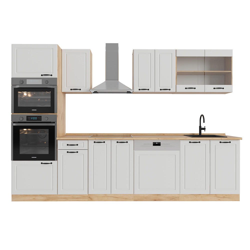 KÜCHENZEILE R-Line Weiß Landhaus/Goldkraft Eiche 300 cm mit Hochschrank, ohne Arbeitsplatte - Honigeiche/Weiß, Holzwerkstoff (300/81.6/46cm) - Vicco