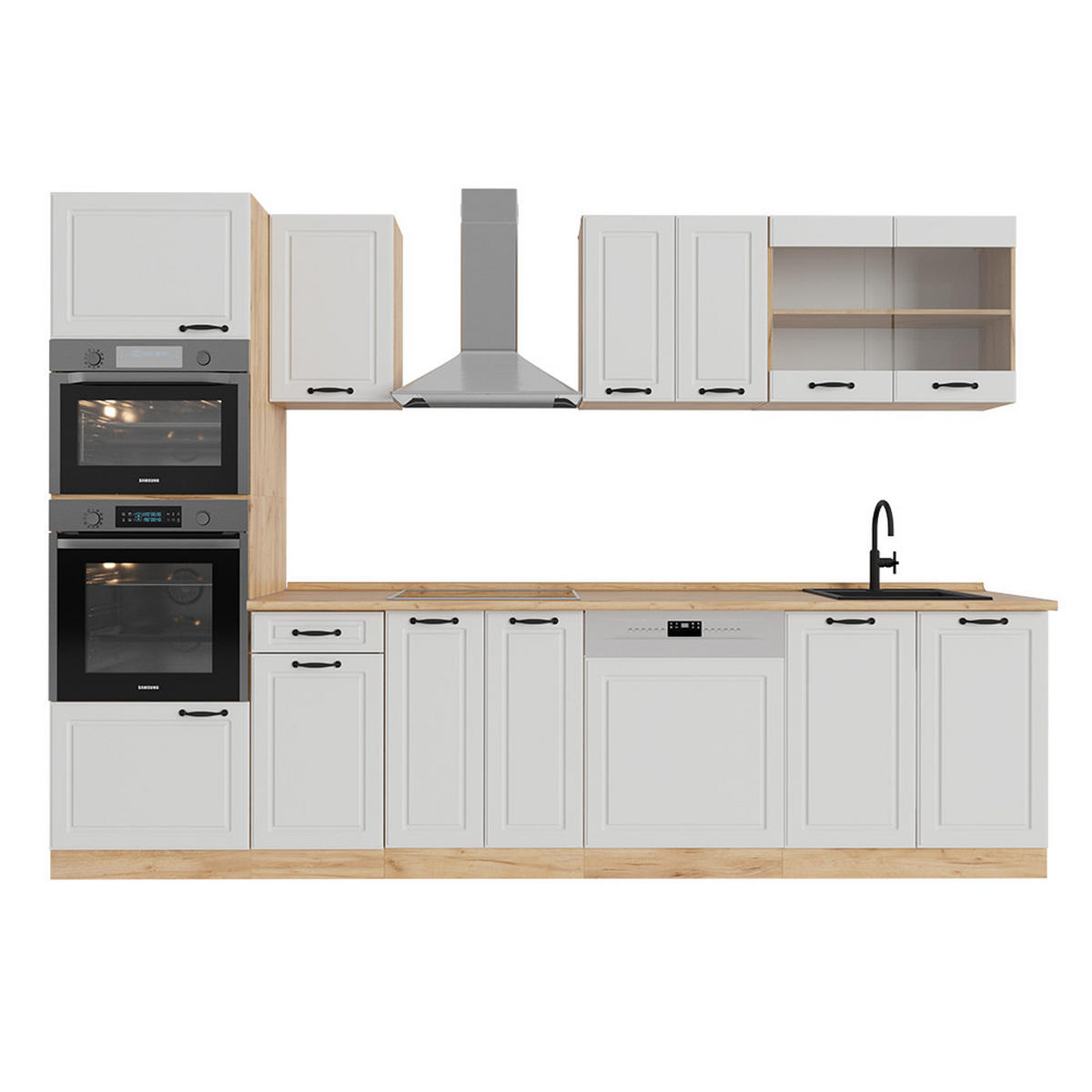 KÜCHENZEILE R-Line Weiß Landhaus/Goldkraft Eiche 300 cm mit Hochschrank, ohne Arbeitsplatte - Honigeiche/Weiß, Holzwerkstoff (300/81.6/46cm) - Vicco