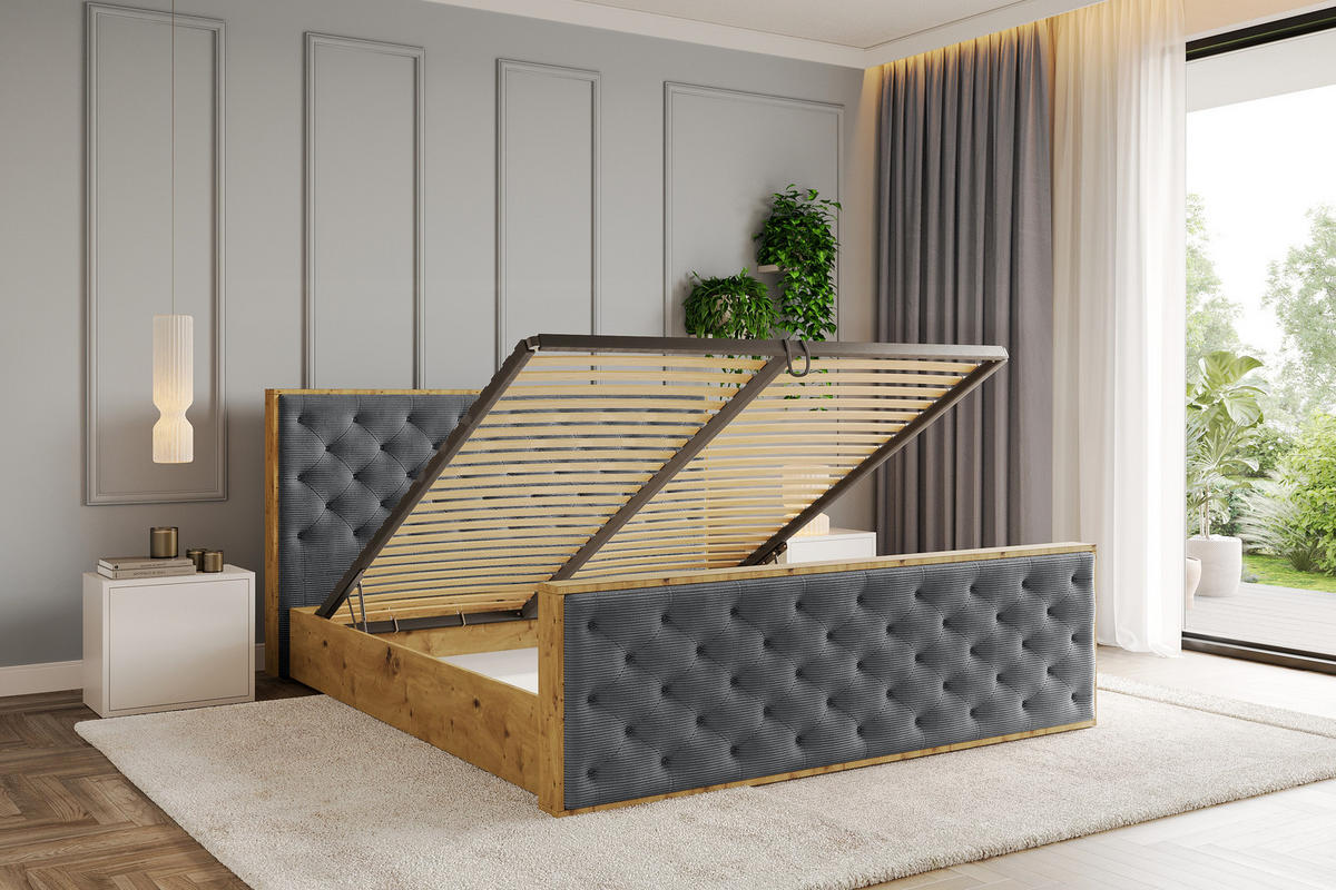 POLSTERBETT mit Bettkasten, Fußteil und Lattenrost, Boxbett ohne Matratze - ENZO3-Z 120x200 Dunkelgrau - Anthrazit, Holzwerkstoff/Textil (120/200cm) - ALTDECOR