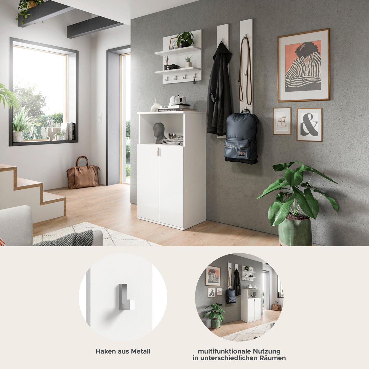 GARDEROBE Set 4-teilig weiß Hochglanz 117 cm, moderne Flurgarderobe - Chromfarben/Weiß Hochglanz, Glas/Holzwerkstoff (117/193/37cm) - Inn.Furn