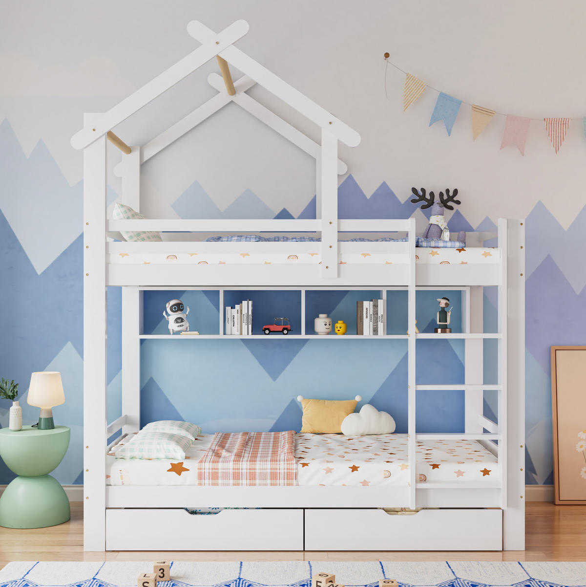 ETAGENBETT 90/200 cm Weiß mit Schubladen und Regalen aus Kiefernholz - Weiß, Holzwerkstoff (90/200cm) - OKWISH