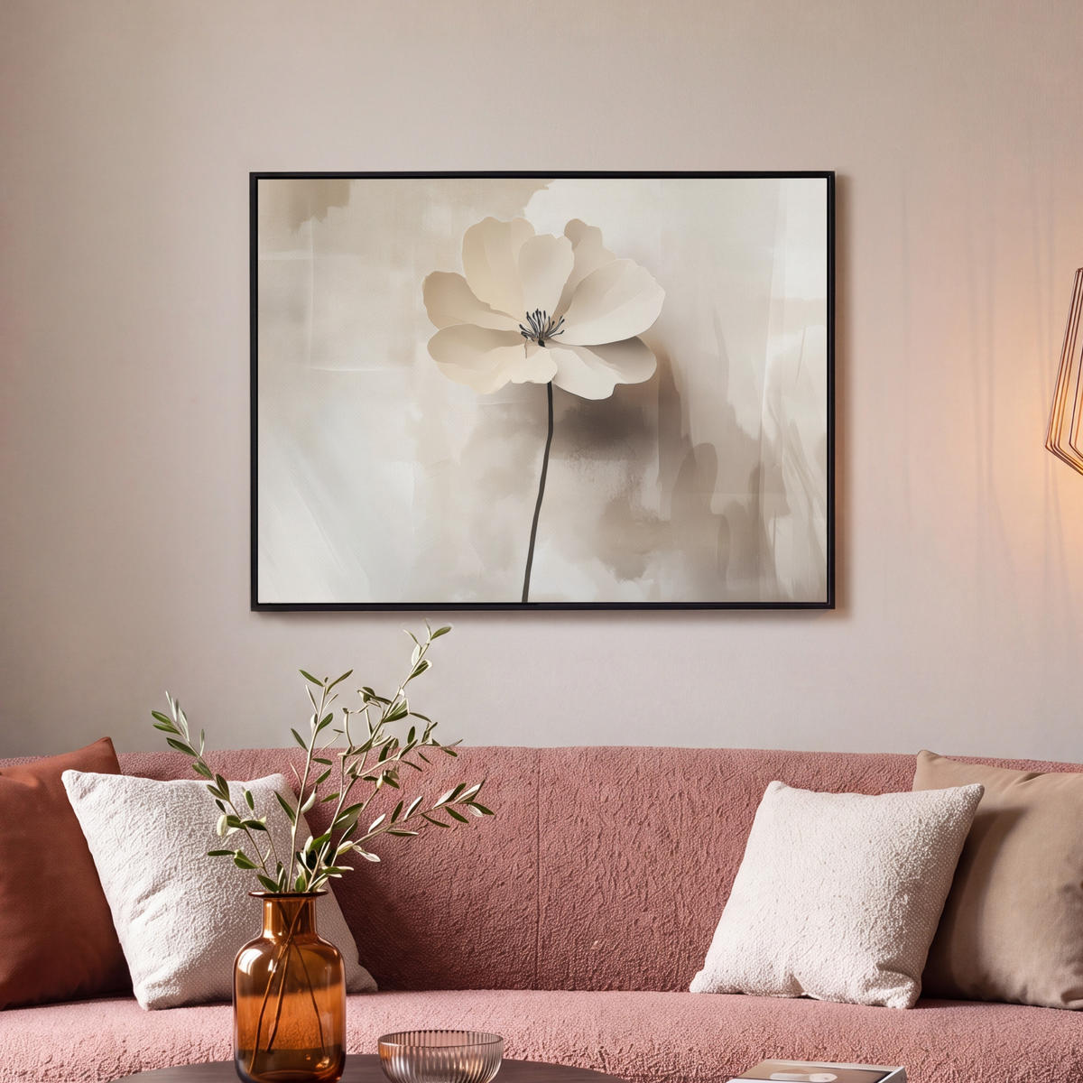 LEINWAND Bilder mit Rahmen - Blume - Beige - Farbe - Schatten - 70x50 - Creme, Textil (70/50cm) - MuchoWow