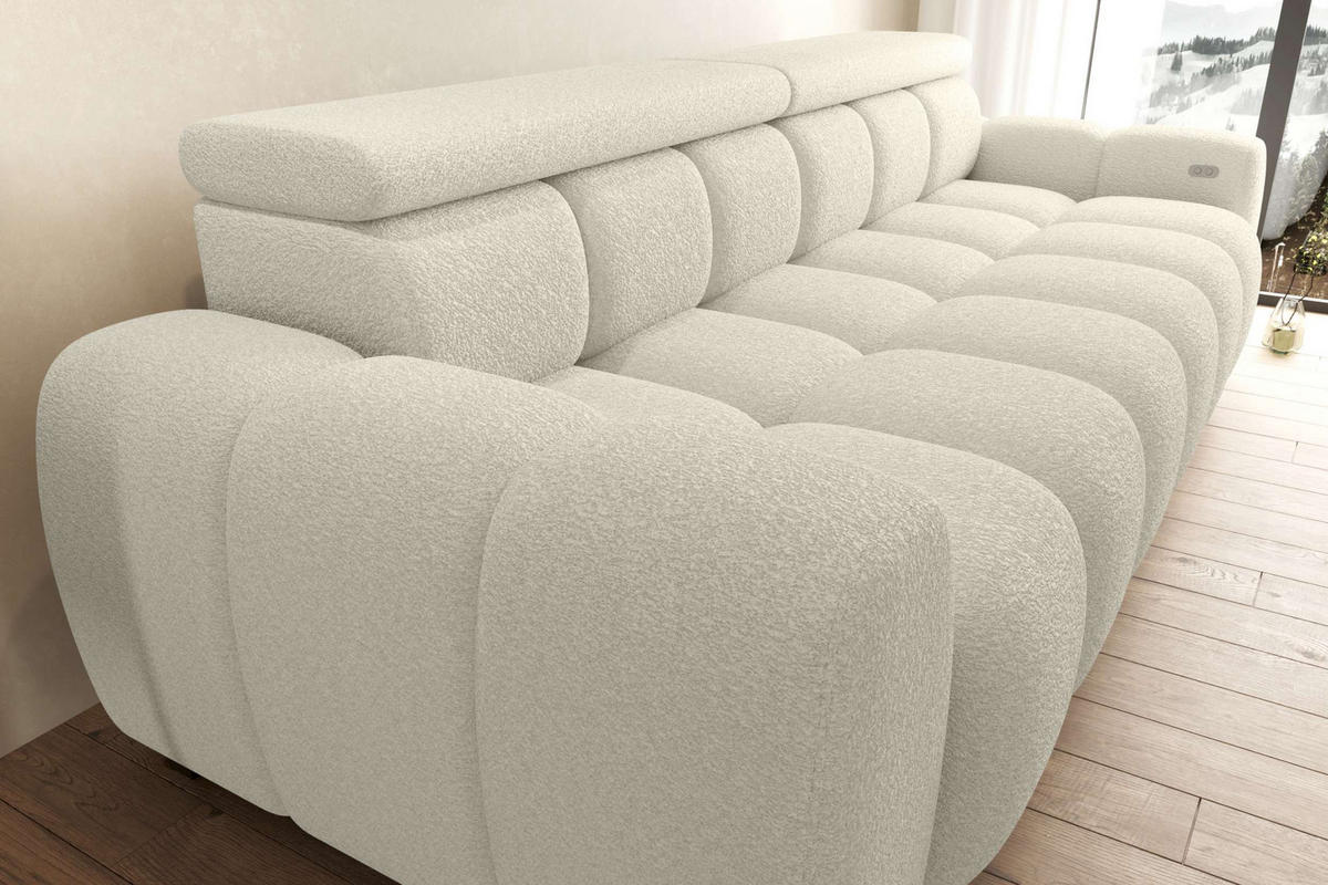 BIGSOFA ALESSIO Bouclé-Stoff Weiß mit elektrischer Sitztiefenverstellung - Weiß, Kunststoff/Textil (248/77/108cm) - 99rooms