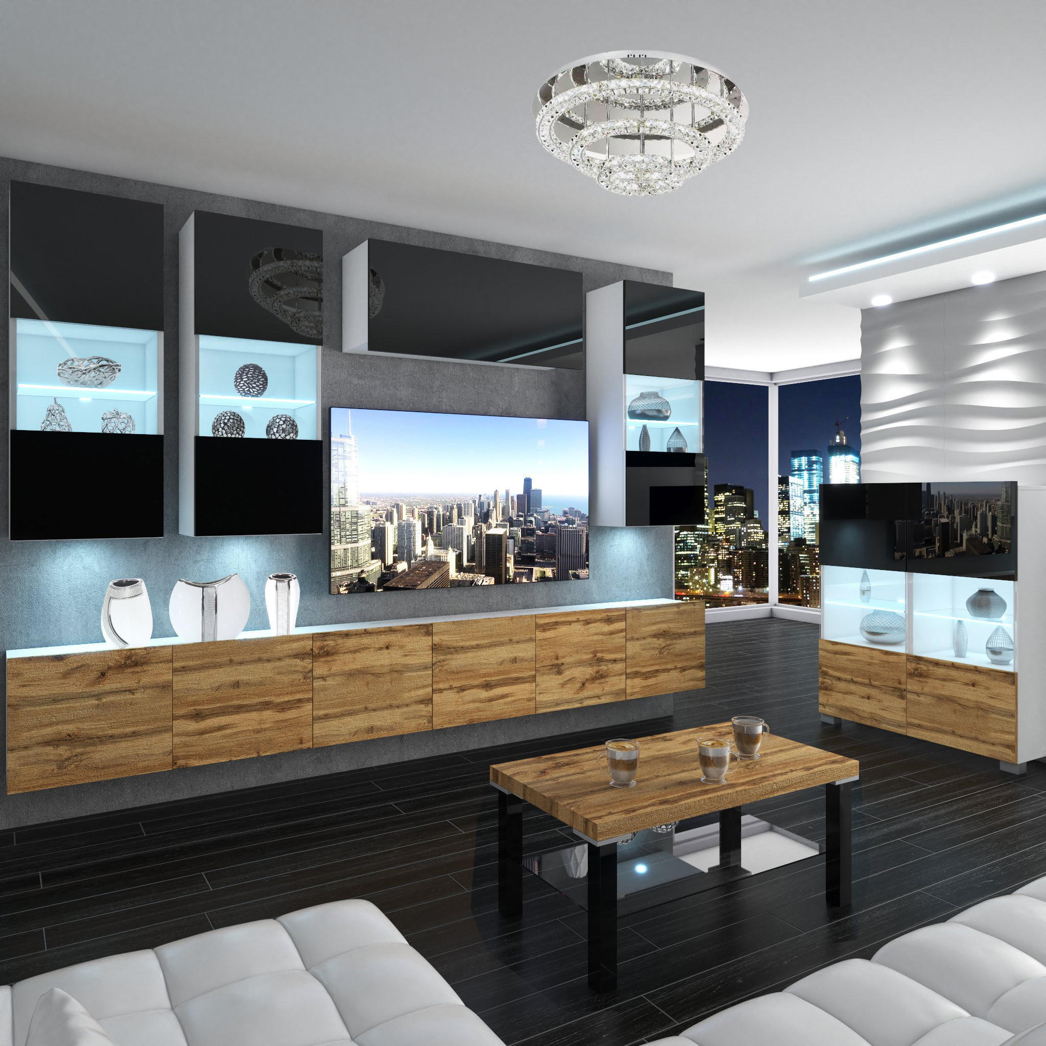 WOHNZIMMERWAND Schrankwand mit LED Schwarz / Wotan Eiche - Eiche Wotan/Schwarz, Holz (300/180/36cm) - B BELINI GROUP