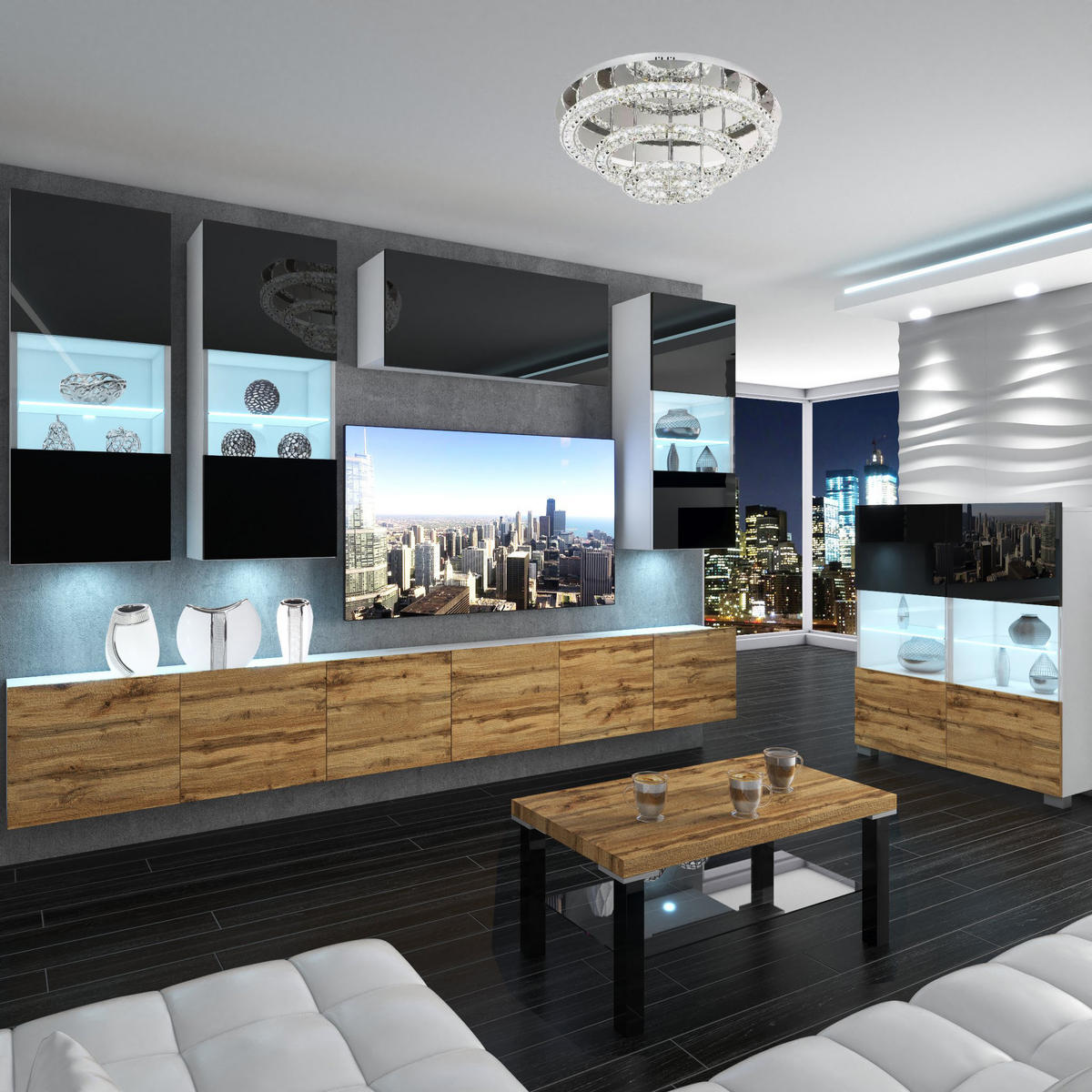 WOHNZIMMERWAND Schrankwand mit LED Schwarz / Wotan Eiche - Eiche Wotan/Schwarz, Holz (300/180/36cm) - B BELINI GROUP