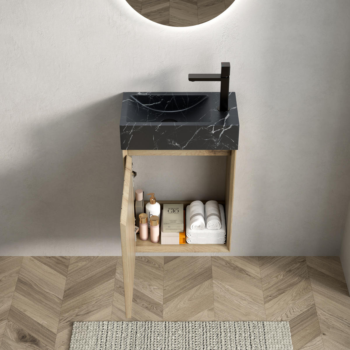 WASCHTISCH mit Marmorbecken kompakte Größe Marmor White Oak - Schwarz, Holzwerkstoff (22/58/40cm) - Beauniv