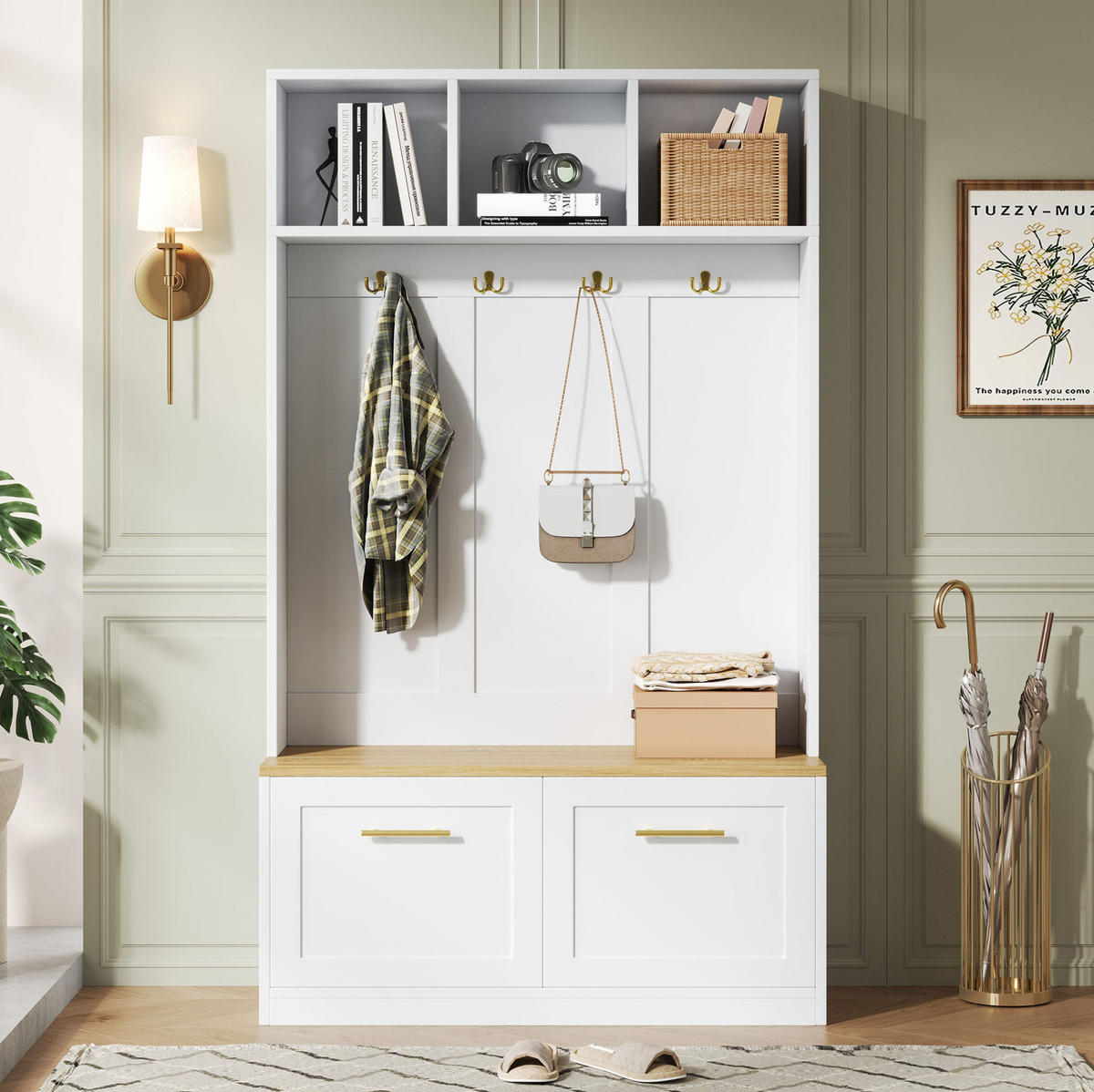 GARDEROBENSET 105/40/180 cm aus MDF und Spanplatte mit Sitzbank und Stauraum, Natur/Weiß - Naturfarben, Holzwerkstoff (105/180/40cm) - Redom