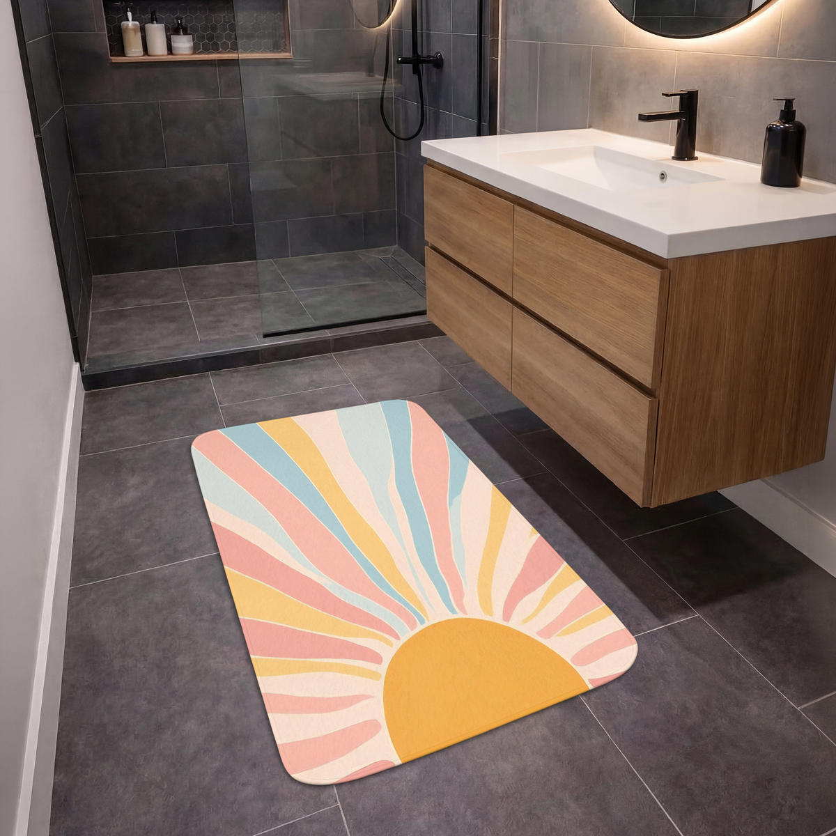 BADEMATTE Illustration - Sonne - Pastellfarben 60x90 cm - Pastellblau, Kunststoff/Textil (60/90cm)