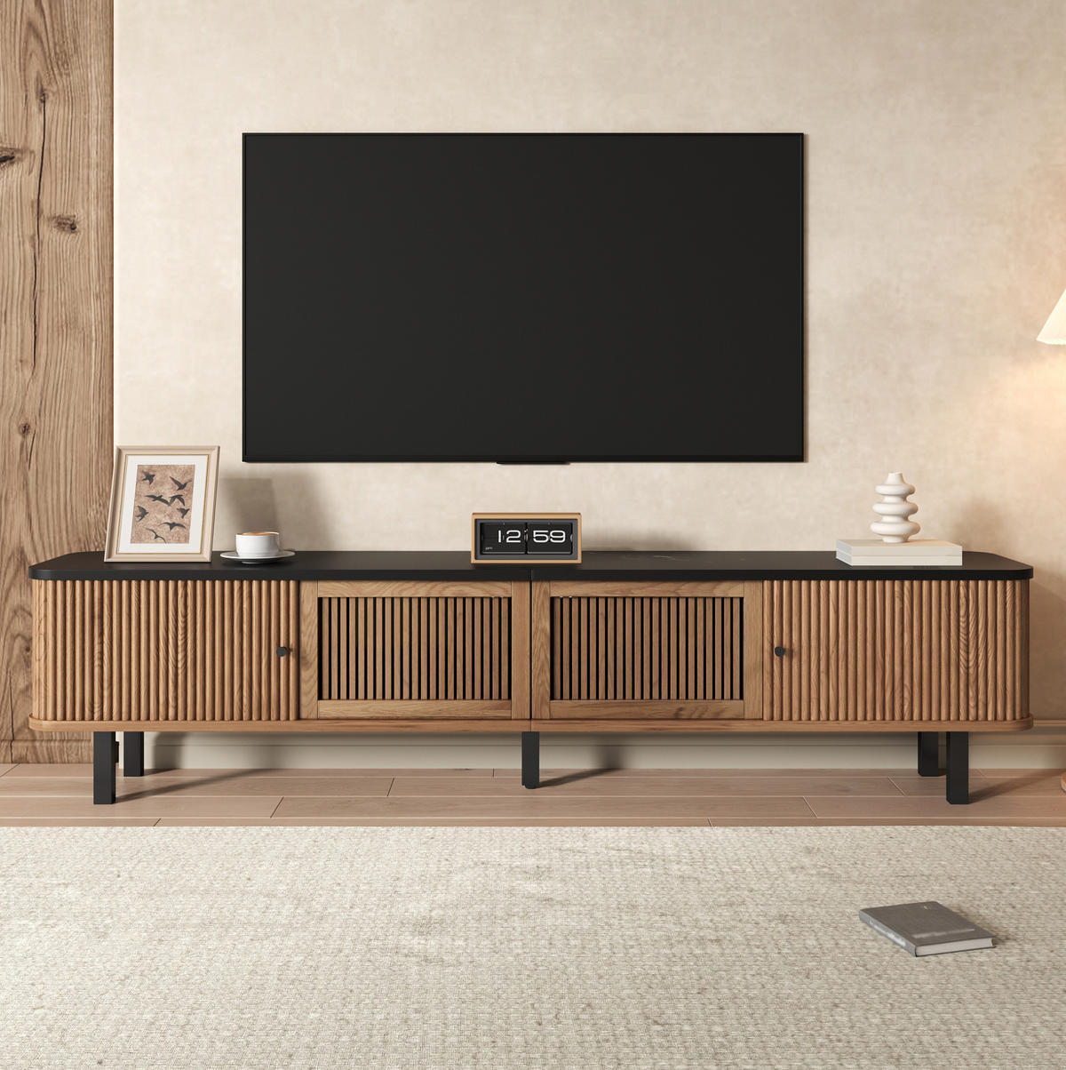 TV-LOWBOARD 190/35/45 cm mit Schiebetüren, Gittereinsatz und viel Stauraum, Eiche - Hellbraun, Holzwerkstoff (190/45/35cm) - Redom