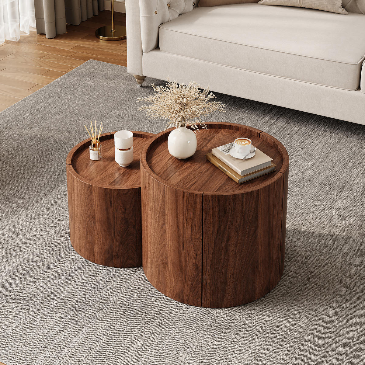COUCHTISCH mit Stauraum, Schubladen, geschwungenen Türen - Walnussfarben, Holzwerkstoff (47.5/77.5/40cm) - FLIEKS
